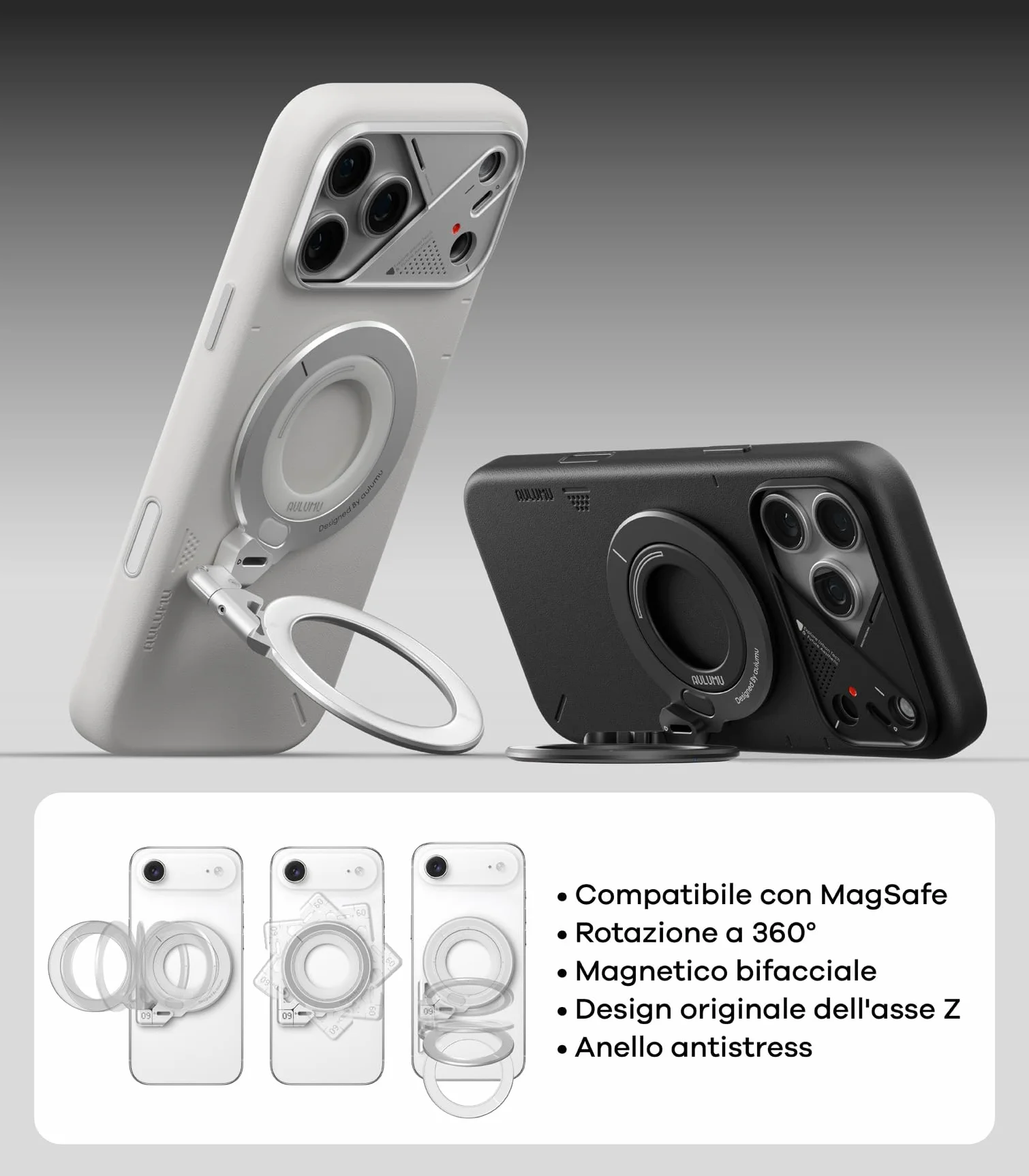 Aulumu G09 Anello Magnetico Cellulare per MagSafe Supporto Magnetico Bifacciale 360° Rotazione, Forza 20N, 0,3cm Sottile Anello Cellulare per iPhone 17 16 15 14 13 12 Pro Max, Android, Nero