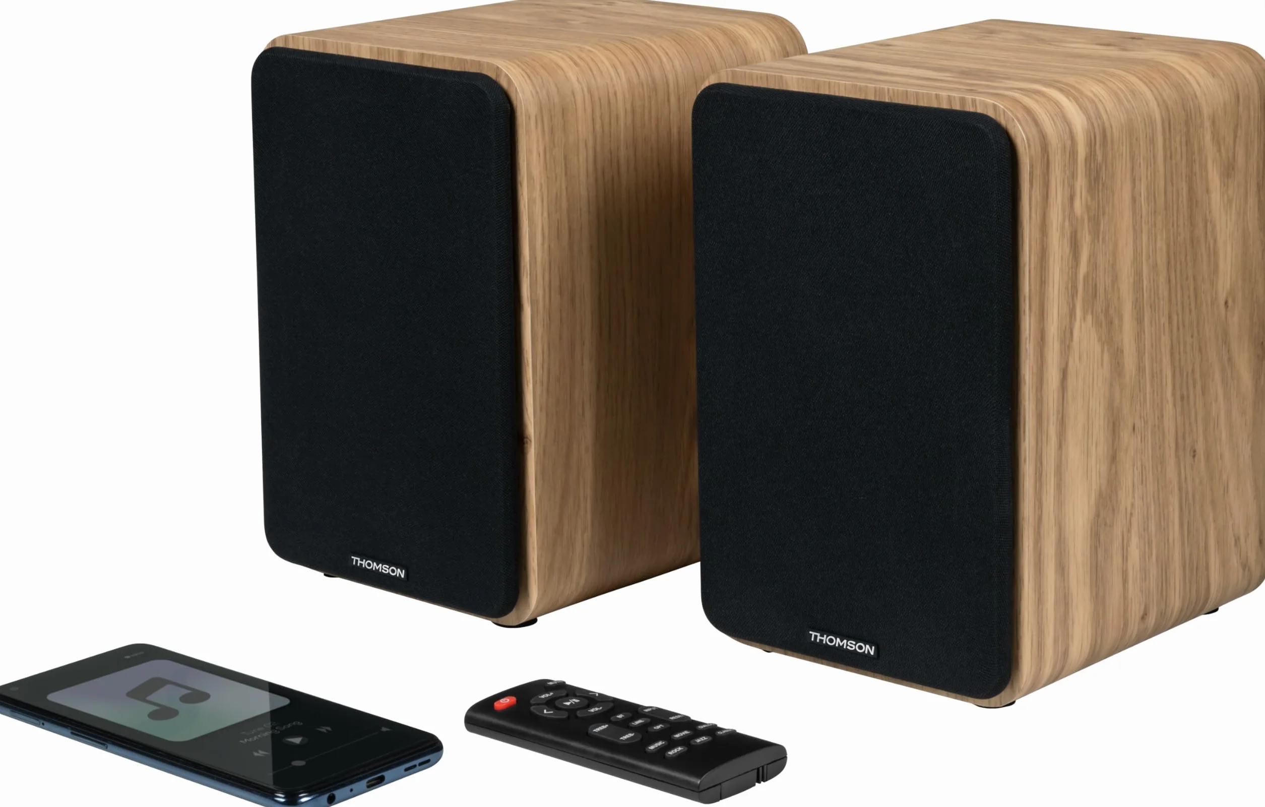 THOMSON WS602DUO - Ensemble de 2 enceintes avec caisson en bois - 100W - Bluetooth 5.0 - 2 sorties RCA - Bois clair