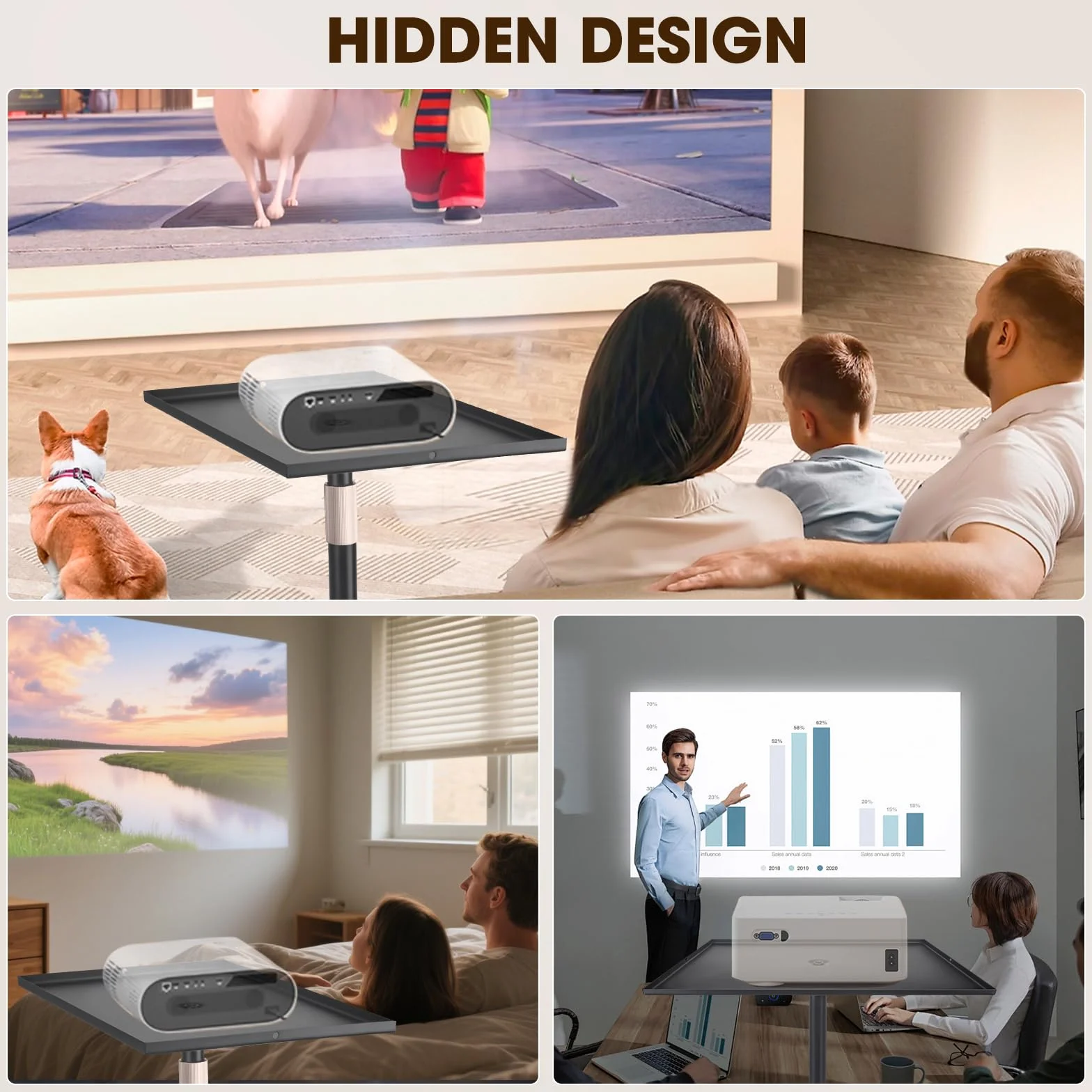 Supporto per proiettore, multifunzione, girevole a 360°, altezza regolabile 40-155 cm, supporto per proiettore con piastra in acciaio al carbonio di alta qualità, per presentazioni, home theater