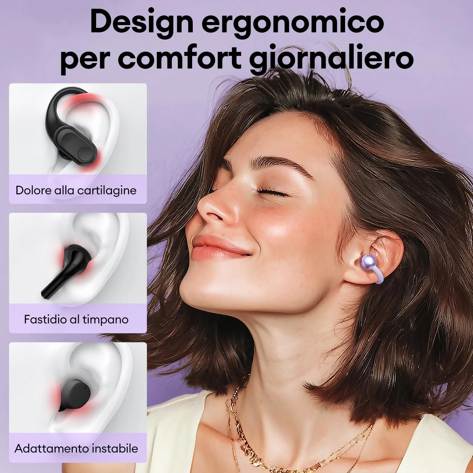 ZOMBIES CAT Auricolari Open Ear Clip-on con Schermo Touch Intelligente – Cuffie Bluetooth 5.4, Audio HiFi, Controllo Musicale & Volume, Auricolari Bluetooth per Sport,M100 Viola