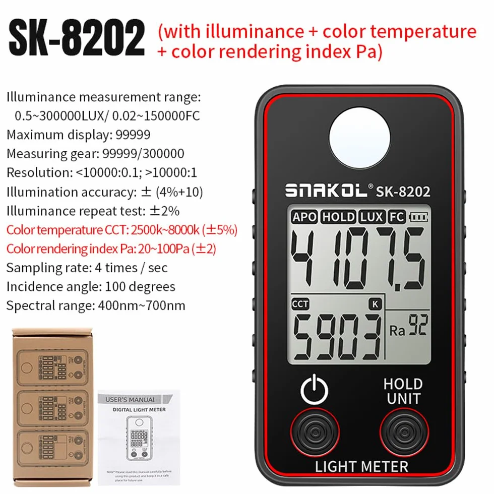 Jemora Tester della temperatura del Misuratore di illuminamento ad alta precisione 0,5-300000LUX Misuratore di illuminazione a LED Misuratore di luminanza fotografica