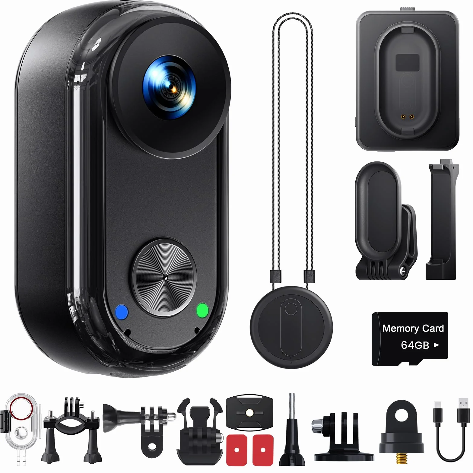 Camera Vlogging da 4K 30FPS, 64GB fotocamera POV portatile a mani libere, 150 ° action cam, impermeabile 30m, 6 assi stabilizzazione, mini telecamera Vlog, batteria da 4,5 ore, montala ovunque
