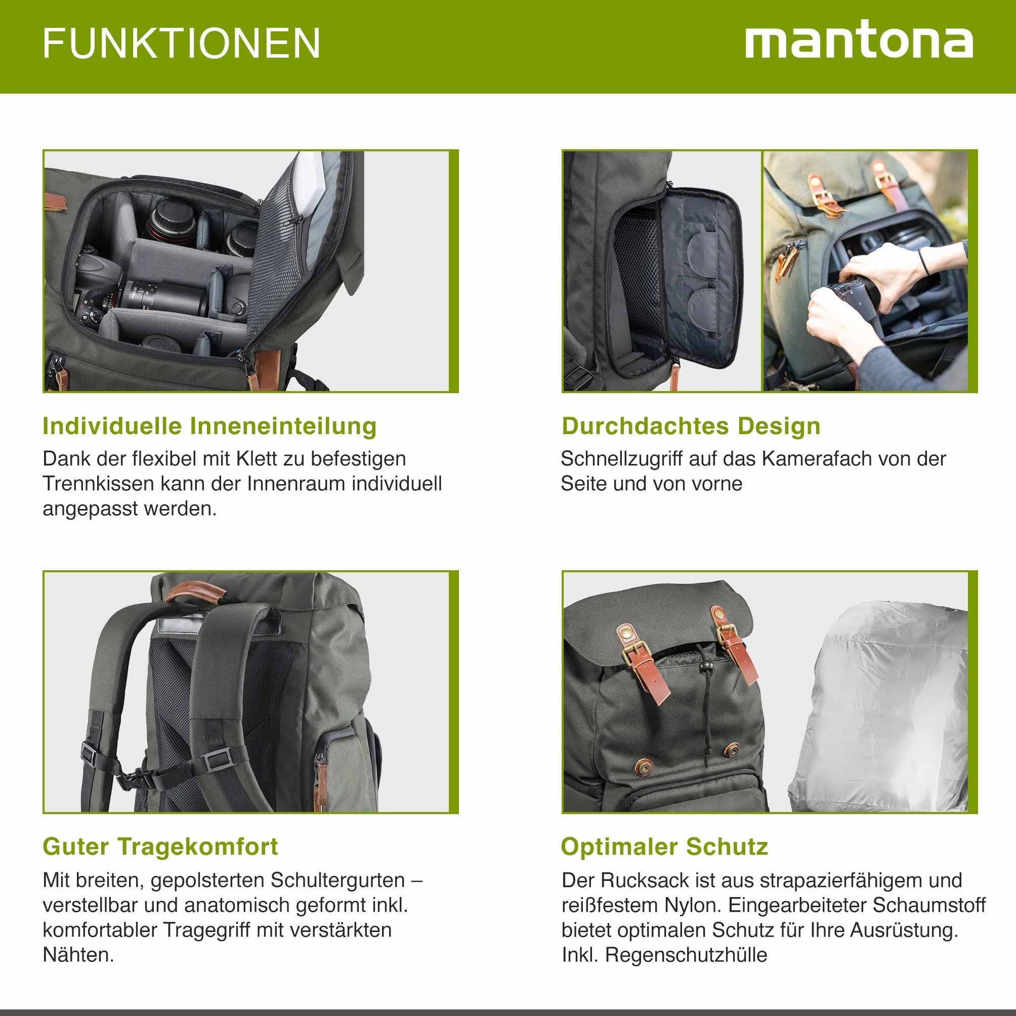 Mantona Luis Retro Zaino fotografico verde, per fotocamera con copertura antipioggia, borsa fotografica con scomparto per laptop, DSLR, 3 obiettivi e accessori fotografici