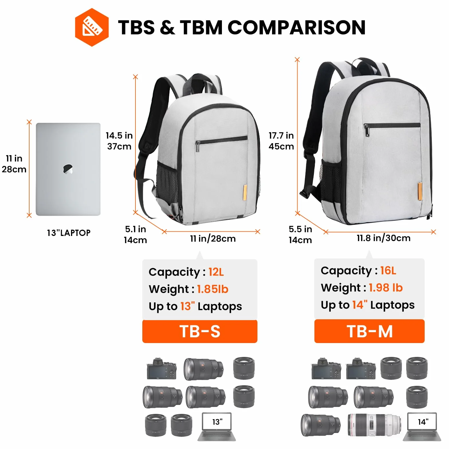 TARION Zaino per fotocamera, piccolo specchio, impermeabile, per fotocamera, leggero e compatto, con custodia antipioggia, Tb-m, grigio, m, Rucksack