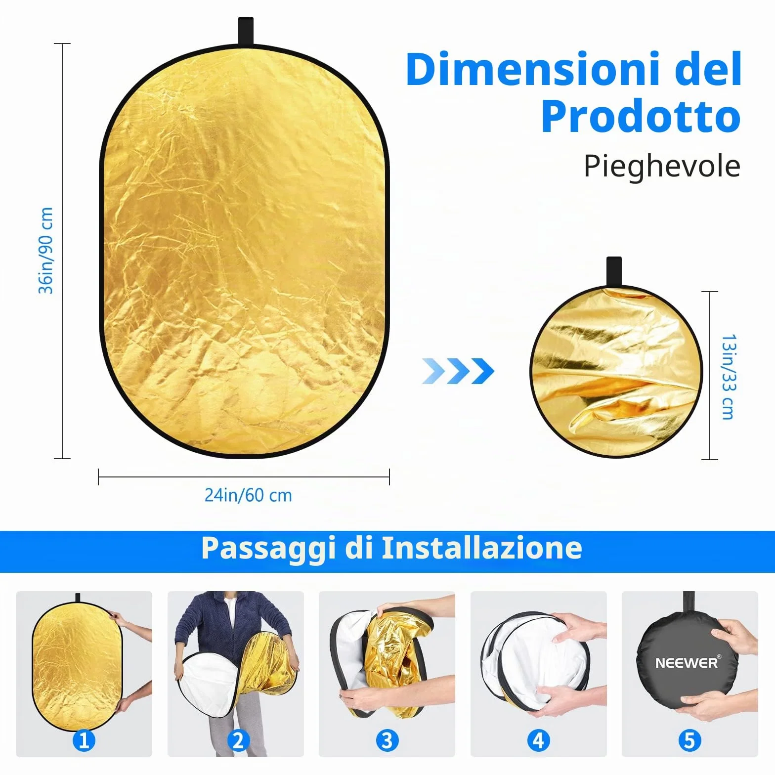 NEEWER Rifletto di Luce per Fotografia 24"x36"/60x90 cm, Multi Disco Pieghevole Portatile 5 in 1 da Borsa - Diffusore Traslucido, Argento, Oro, Nero, Bianco per Illuminazione da Studio ed Esterni