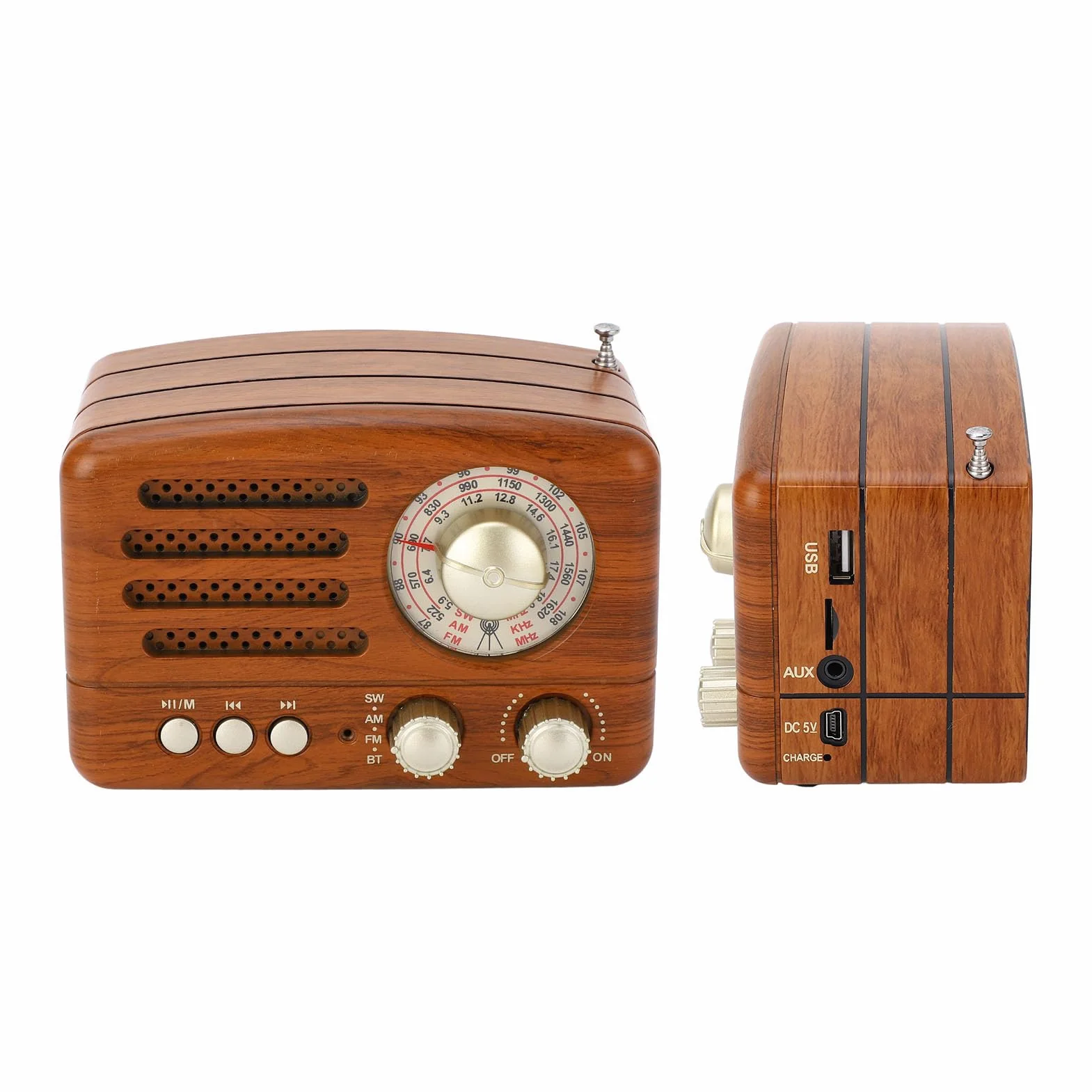 Radio AM FM vintage Altoparlante retrò portatile USB con antenna regolabile, batteria 1800mAh, legno