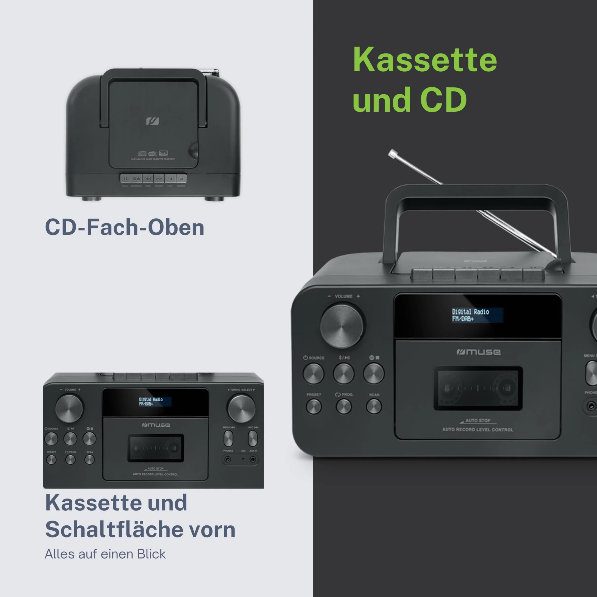 MUSE Radio portatile DAB+ con lettore CD Bluetooth, lettore CD, FM, ingresso auricolari, AUX-In, display LCD, streaming musicale, nero (M-182DB)