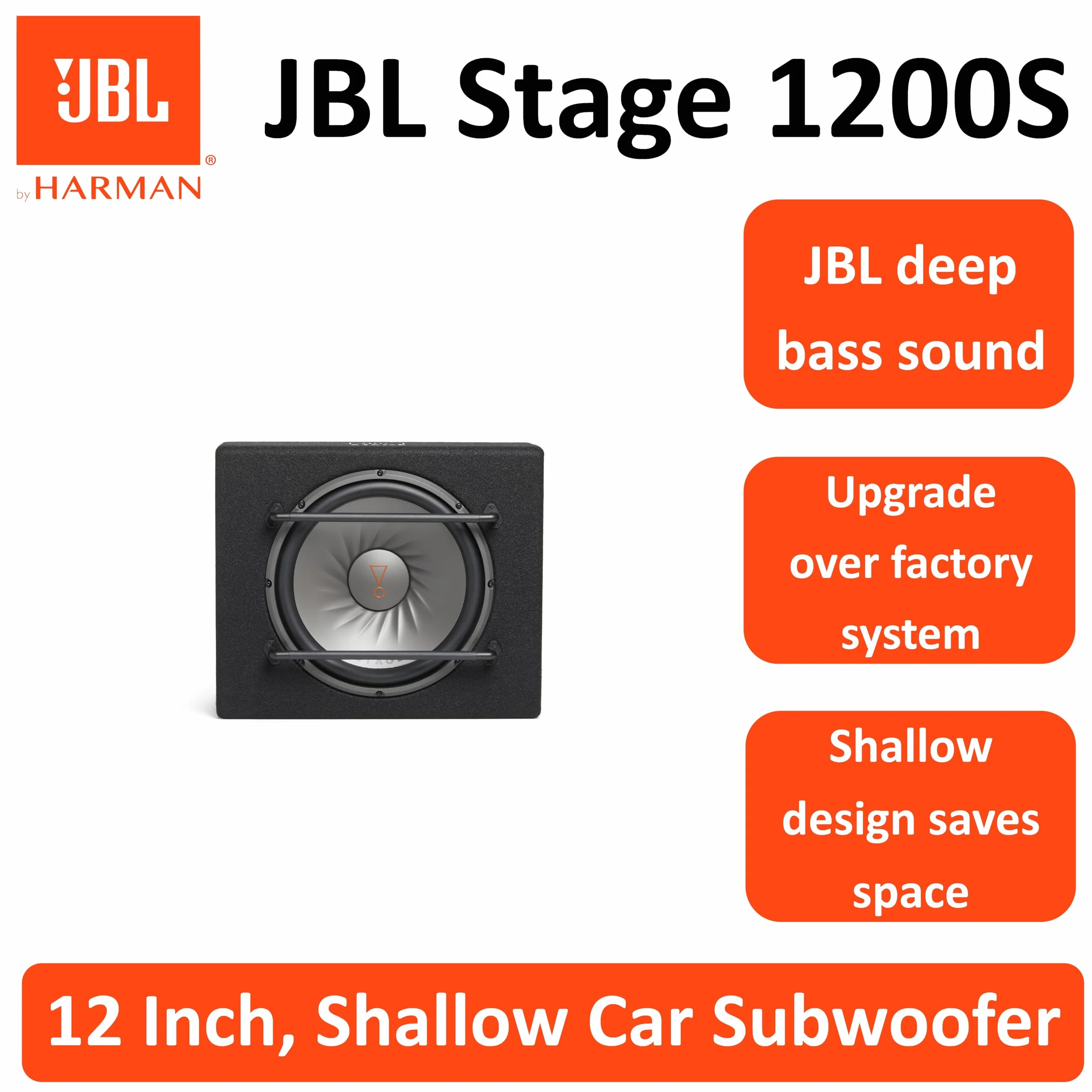 JBL Stage 1200S subwoofer passivo 12 pollici (30 cm), 250 W RMS / 1000 W picco, cono in polipropilene, 4 ohm, design ventilato, struttura in acciaio, bassi profondi, potente e compatto