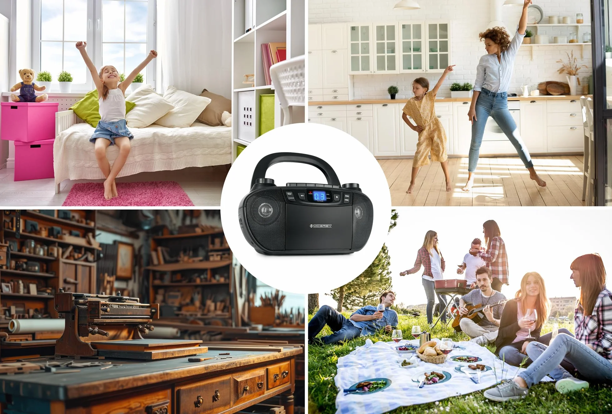 CDB-1016 BK Boombox con cassetta, lettore CD, radio portatile, registratore con ingresso AUX e uscita cuffie - Funzionamento tramite cavo o 6 batterie