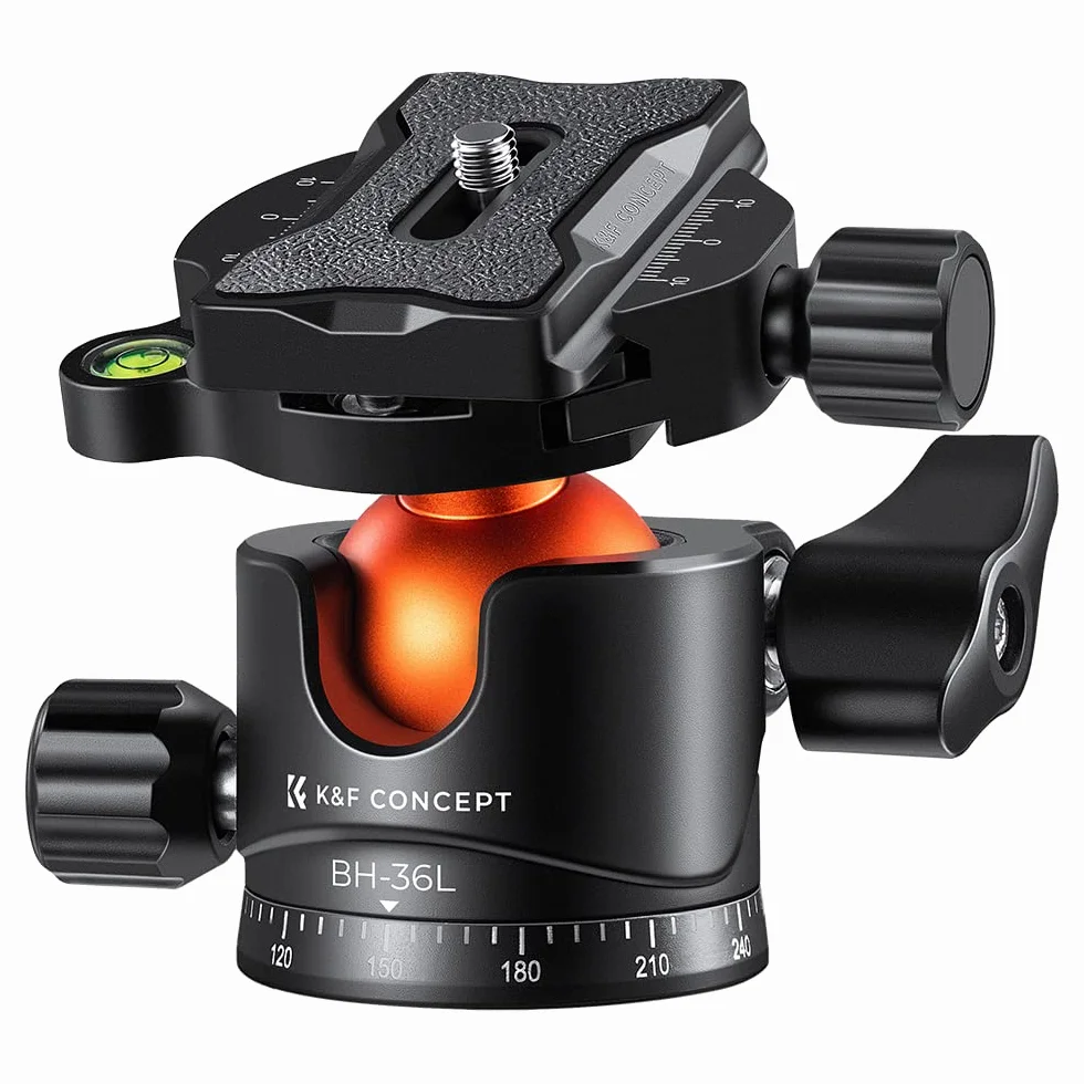 K&F Concept Testa a sfera per treppiede in metallo da 36 mm Rotazione a 360 gradi Panoramica con piastra a sgancio rapido da 1/4 di pollice Livella a bolla Capacità di carico fino a 35,2 libbre/16 kg