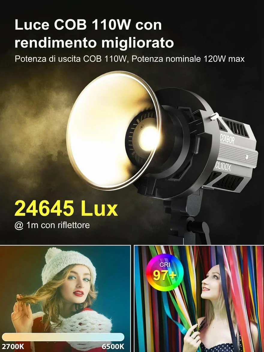 Luce Video, COLBOR CL100X 110W COB Video Light Bicolore 2700K-6500K Illuminazione Continua CRI97+ 10 Effetti di Luce Alluminio LED Lampada con APP Attacco Bowens, Luce-Video-Light-Studio-Monoluci