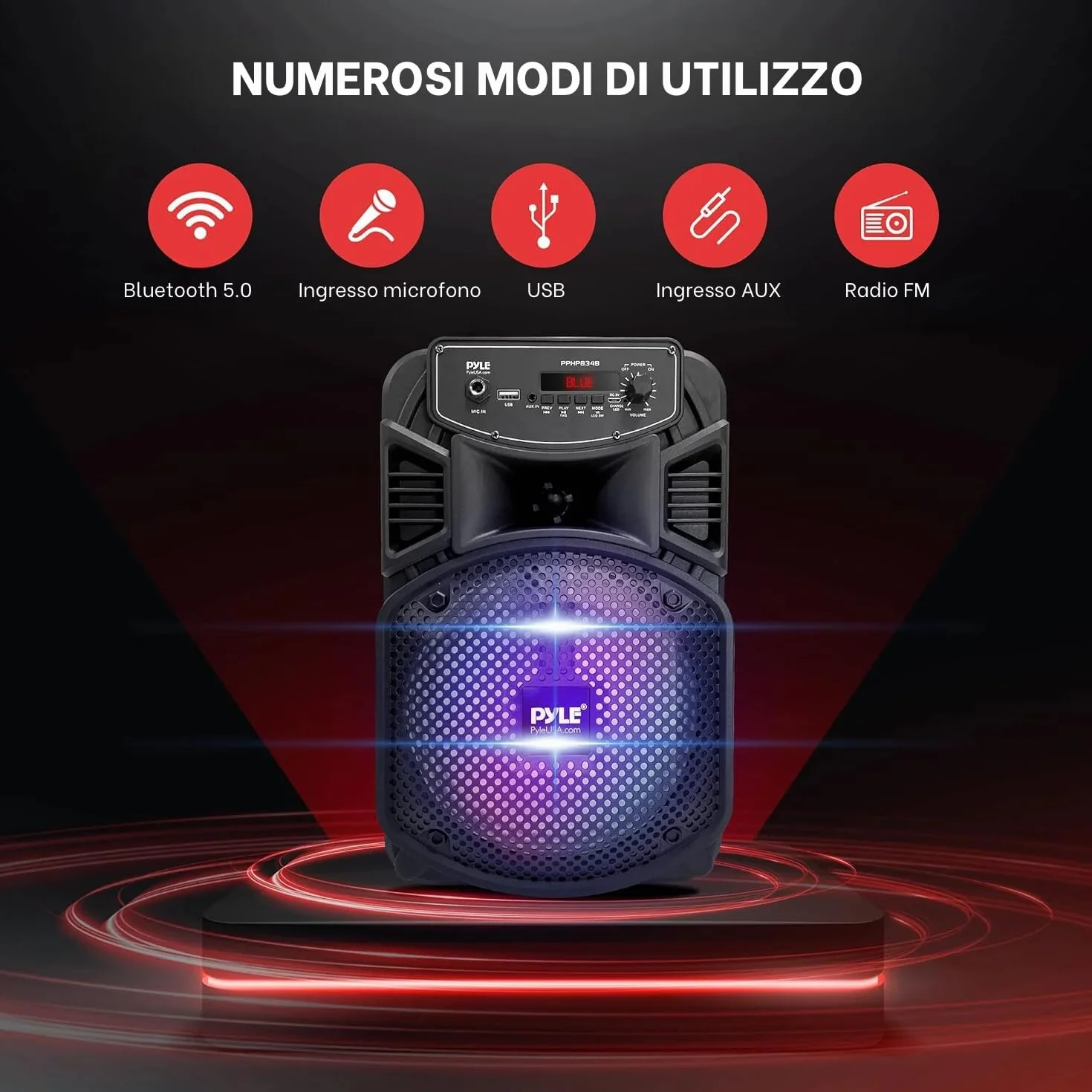 Pyle Speaker Bluetooth Portatile,Ricaricabile da 300W con Subwoofer da 20,32 cm e Tweeter da 2,54 cm, Ingresso Microfono, MP3/USB, Radio, Telecomando