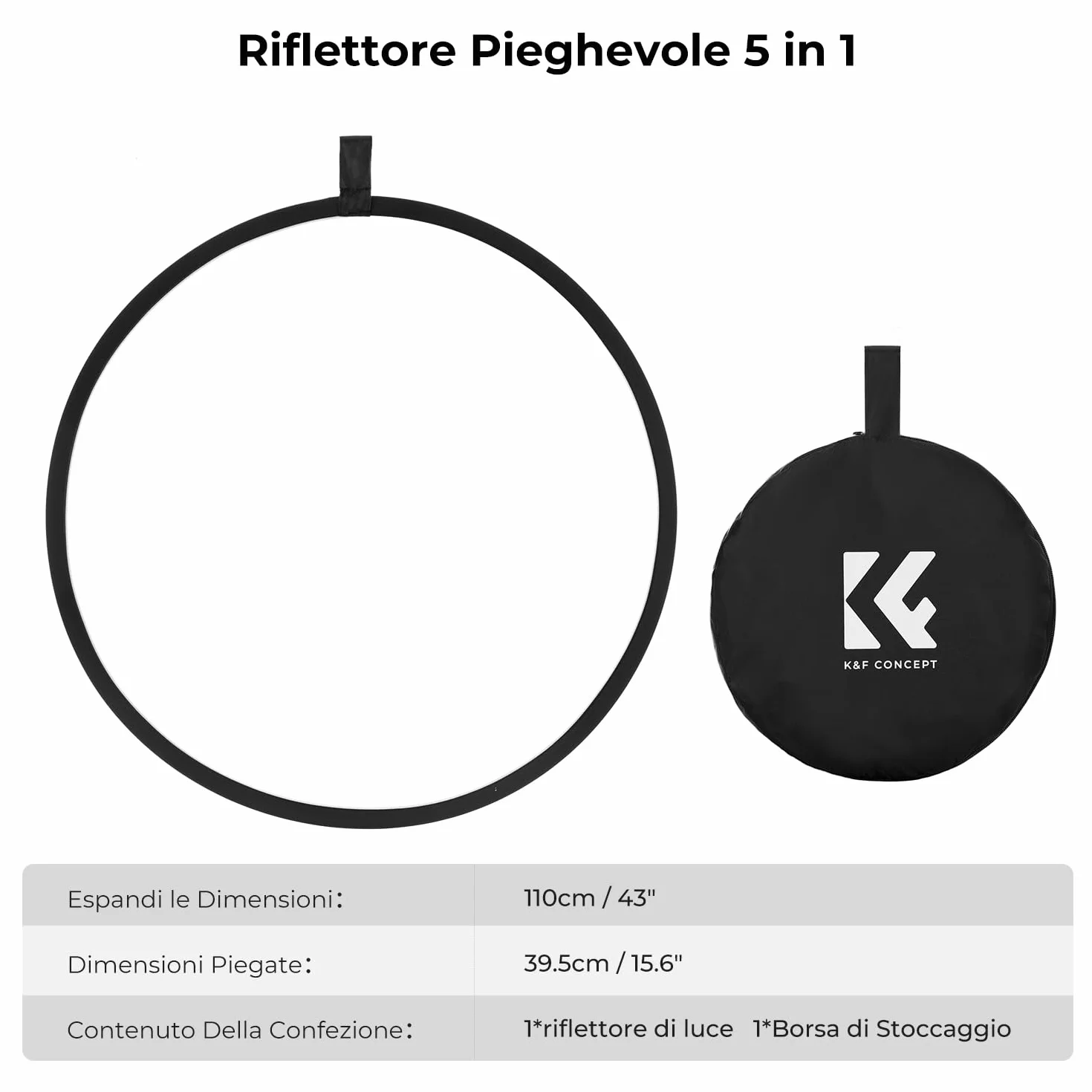 K&F CONCEPT 5-in-1 Riflettore di luce 43" (110 cm) Diffusore Fotografico Pieghevole Portatile per Studio e Illuminazione Esterna Oro Argento Bianco Nero Traslucido