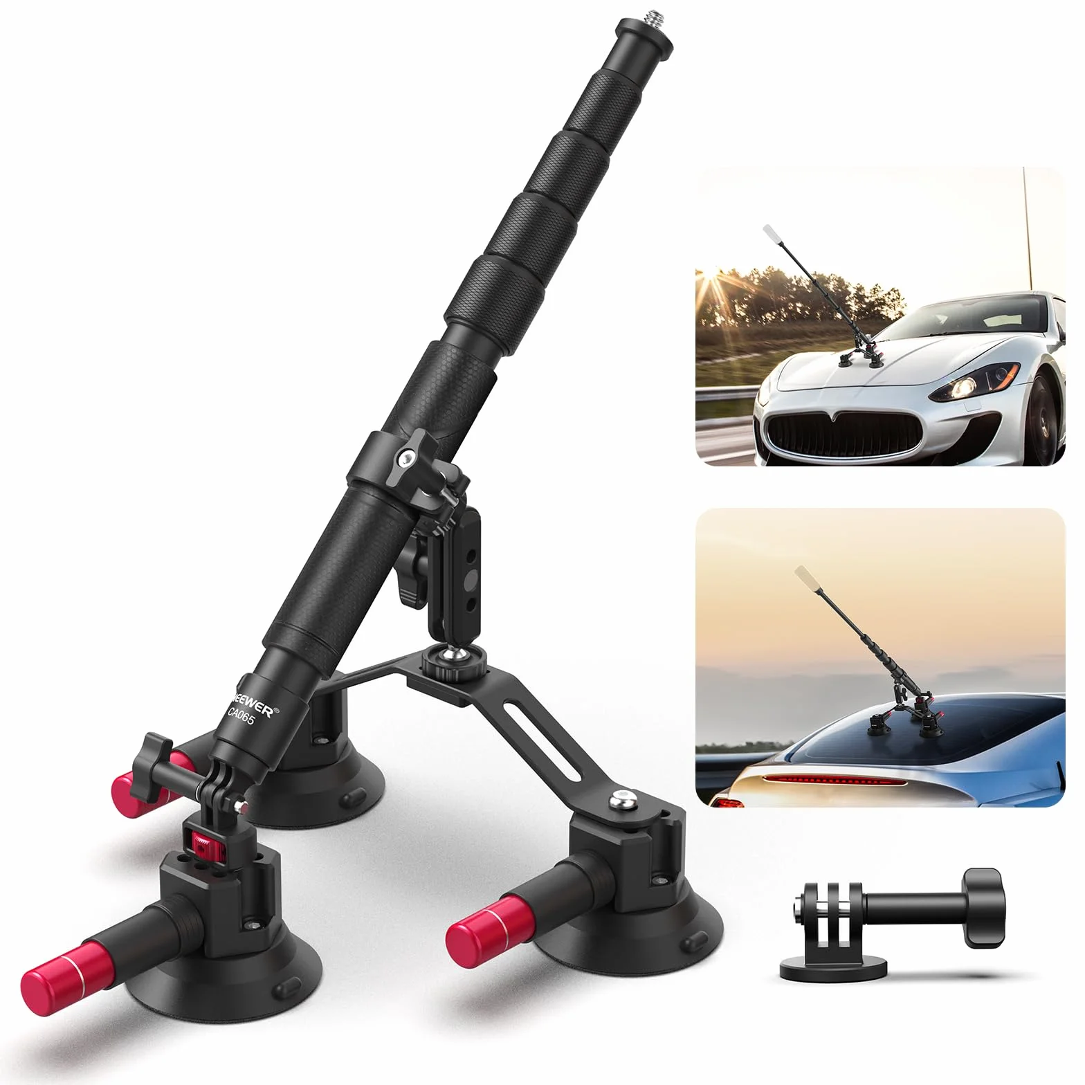 NEEWER Treppiede a Ventosa Tripla per Auto Compatibile con Insta360 X5 X4, GoPro, DJI OSMO 360, Kit Montaggio,Braccio Flessibile e Sgancio Rapido, Asta Estensibile 2in1/Monopiede per Selfie, CA065