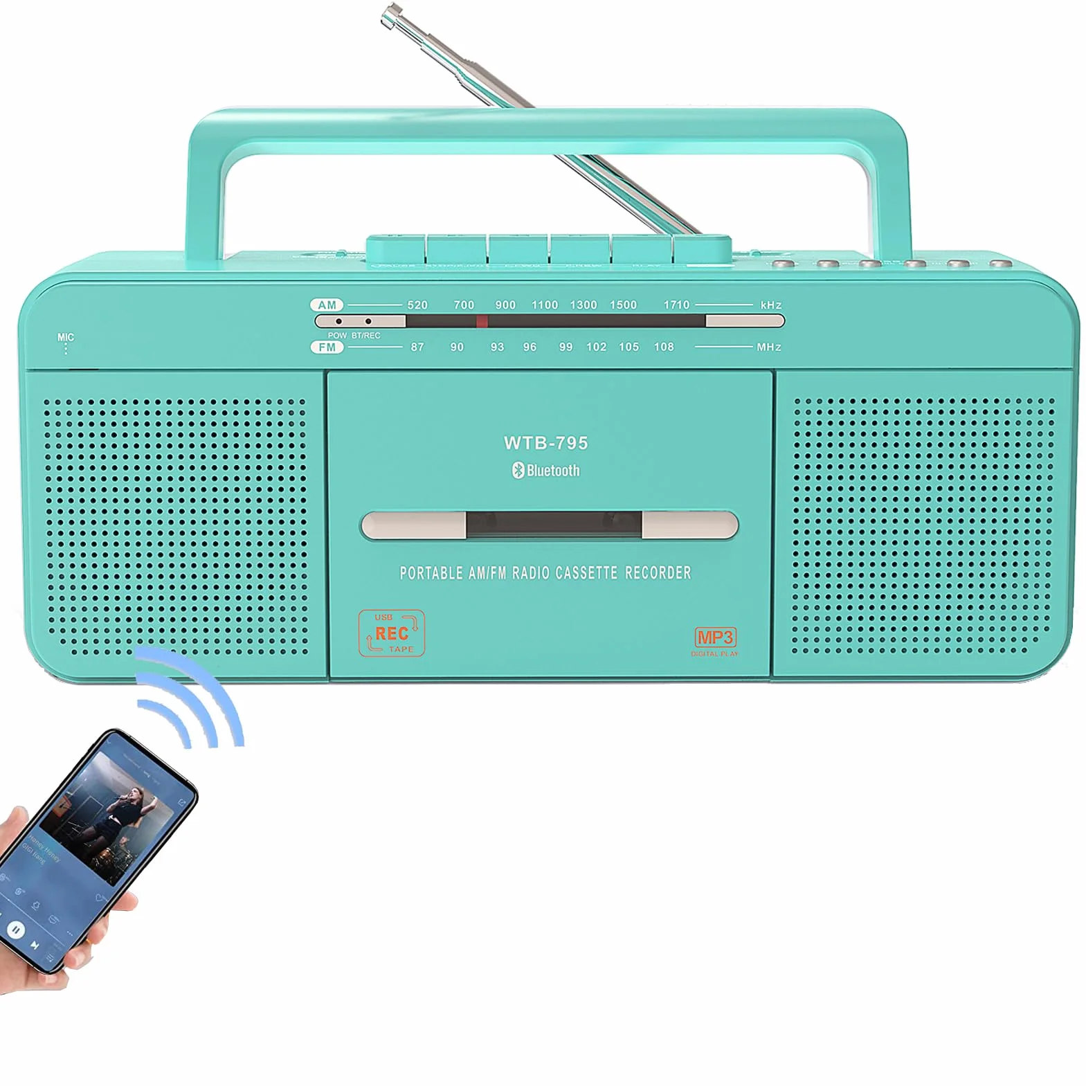 Lettore Audio Cassette Portatile USB Bluetooth Radio Stereo AM FM Registratore Microfono Convertitore MP3 Jack Auricolare Verde