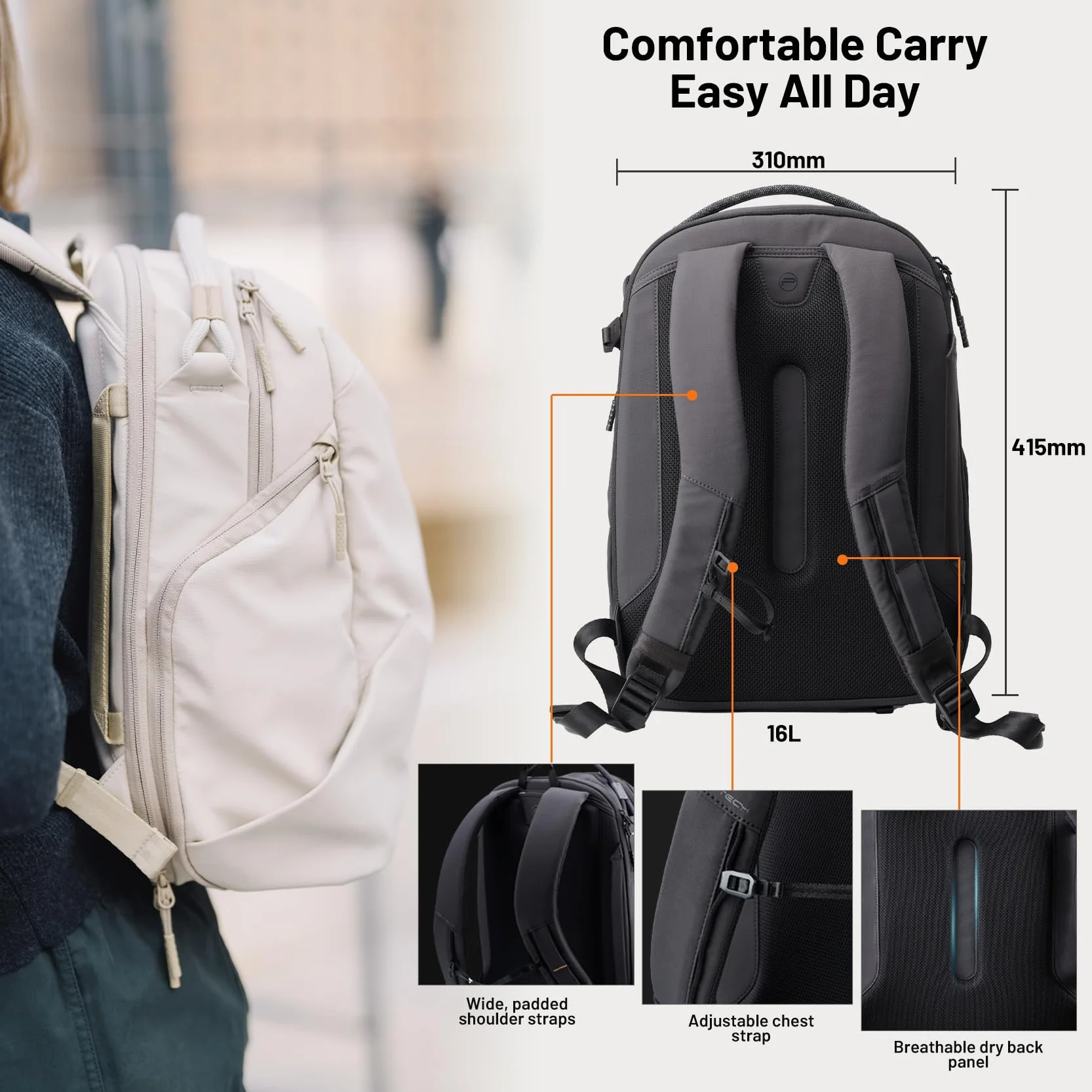 PGYTECH OneGo Lite Zaino Fotografico 16L, Leggero e Impermeabile per Fotografia Urbana e Viaggi, Compatibile con Sony/Canon/Nikon/DSLR/mirrorless