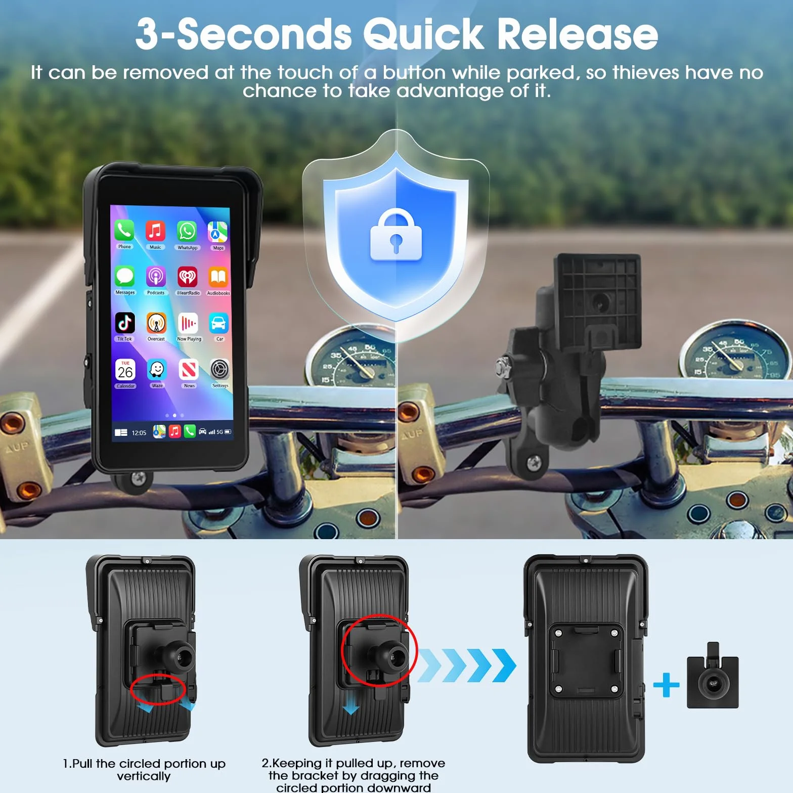 Navigatore per moto con Apple CarPlay e Android Auto Wireless, Autoradio Portatile Touchscreen HD 5 Pollici Bluetooth FM Impermeabile IP68