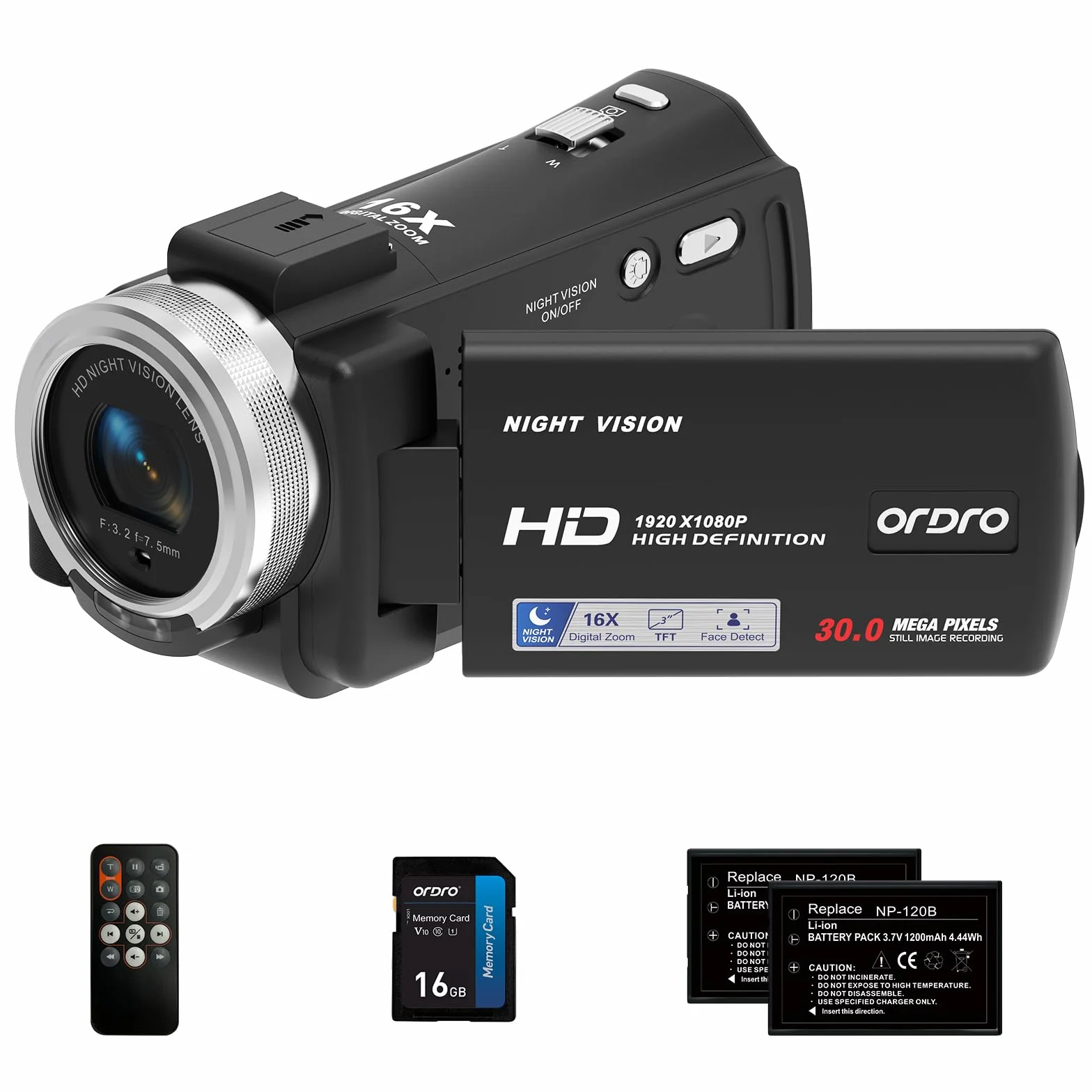 ORDRO V12 Videocamera Videocamera Full HD 1080P 30FPS Visione Notturna a Infrarossi Schermo LCD da 3,0 Pollici Zoom 16X Videocamere con Scheda SD da 16 GB Telecomando e 2 Batterie
