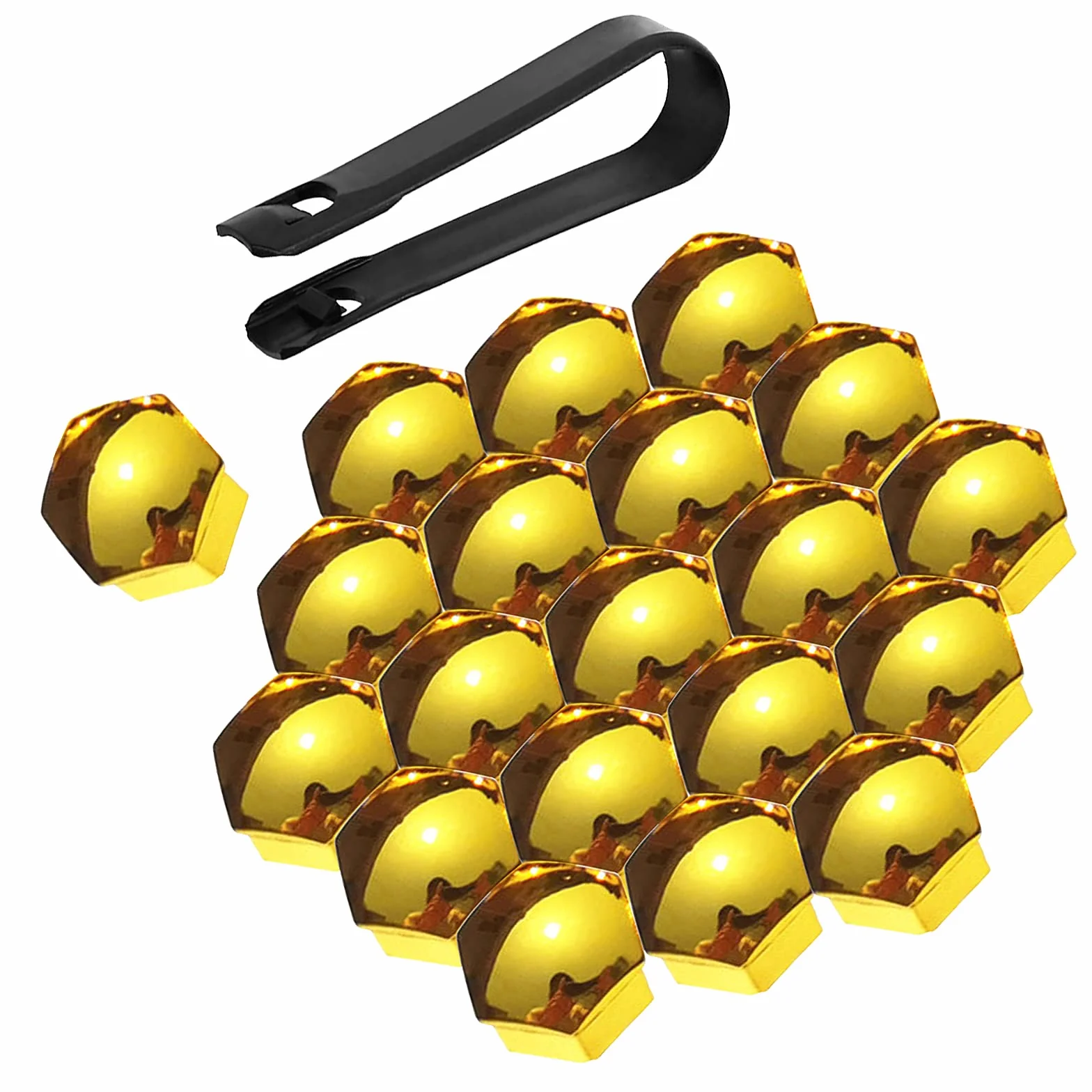 20 Pezzi Tappi a Vite Ruota con Strumento di Rimozione Set per Automobili Pneumatici, ABS Placcatura Copri Bulloni Cerchi Auto Universale 17mm/19mm/21mm Coperchio Vite Esagonale (Giallo, 17mm)