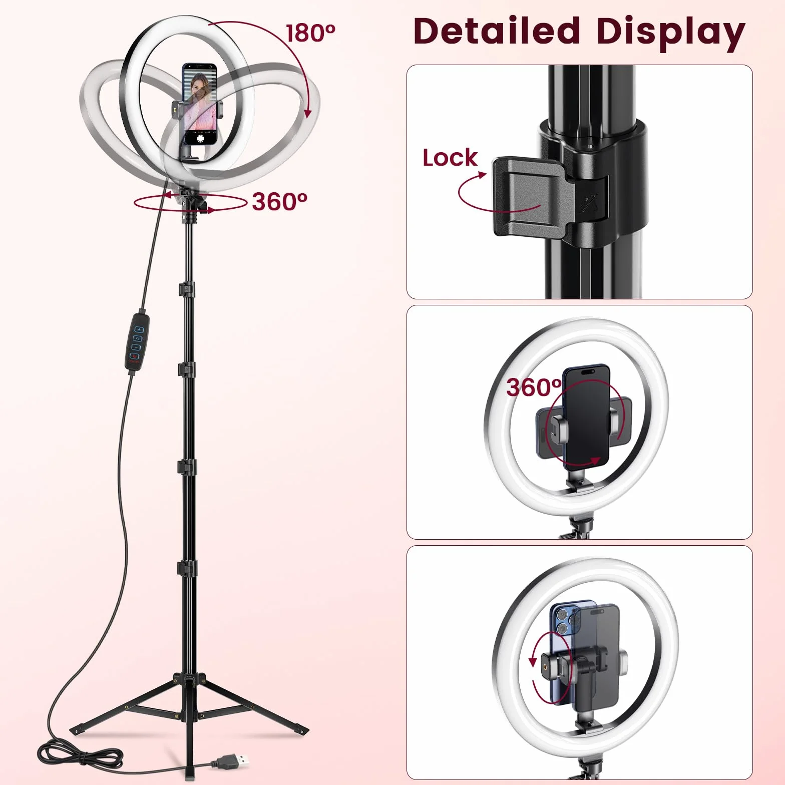 Ring Light Professionale, 10" Ring Light Telefono con 62" Treppiede Alto & 3 Modalità, Luce per Selfie, Trucco, Video e Fotografia