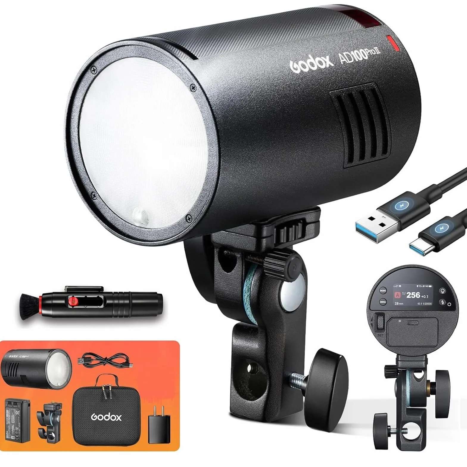 Godox AD100 Pro II Flash, flash tascabile AD100PROII, 100 Ws TTL/M/Multi-funzioni, sistema radio X 2,4 GHz, sistema 1/8000HSS, 0,01-1,5 s, 490 flash a piena potenza Godox AD100pro II Flash