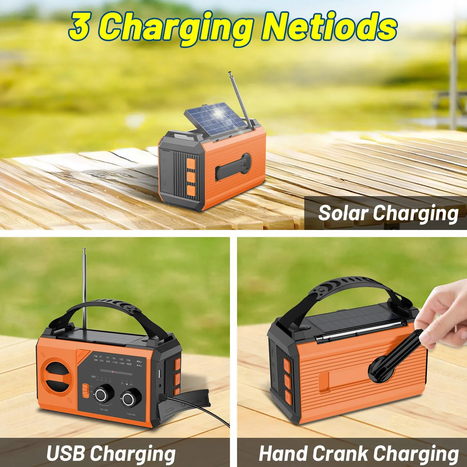 27000mAh Bluetooth Radio a Manovella, BIAOQINBO AM/FM Radio Solare 3 Metodi di Ricarica 8 in 1 Radio Portatile di Emergenza, SOS, Torcia, Bussola, Lampada da Lettura, Presa per Cuffi