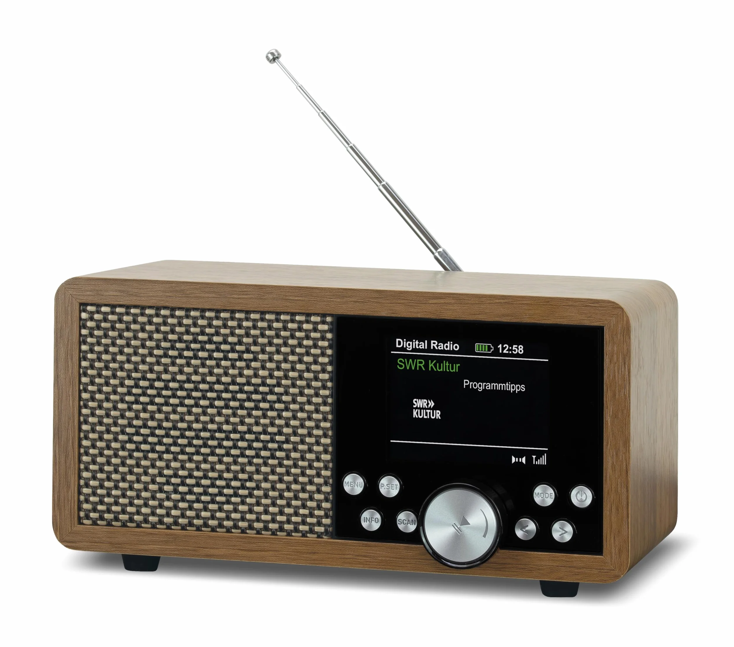 Dynavox DBT600 DAB+ Radio/digitale FM, portatile, ideale come radio da cucina/bagno/ufficio, sveglia, BT, display TFT, funzionamento a rete o batteria, USB/Micro-SD, decorazione in legno marrone