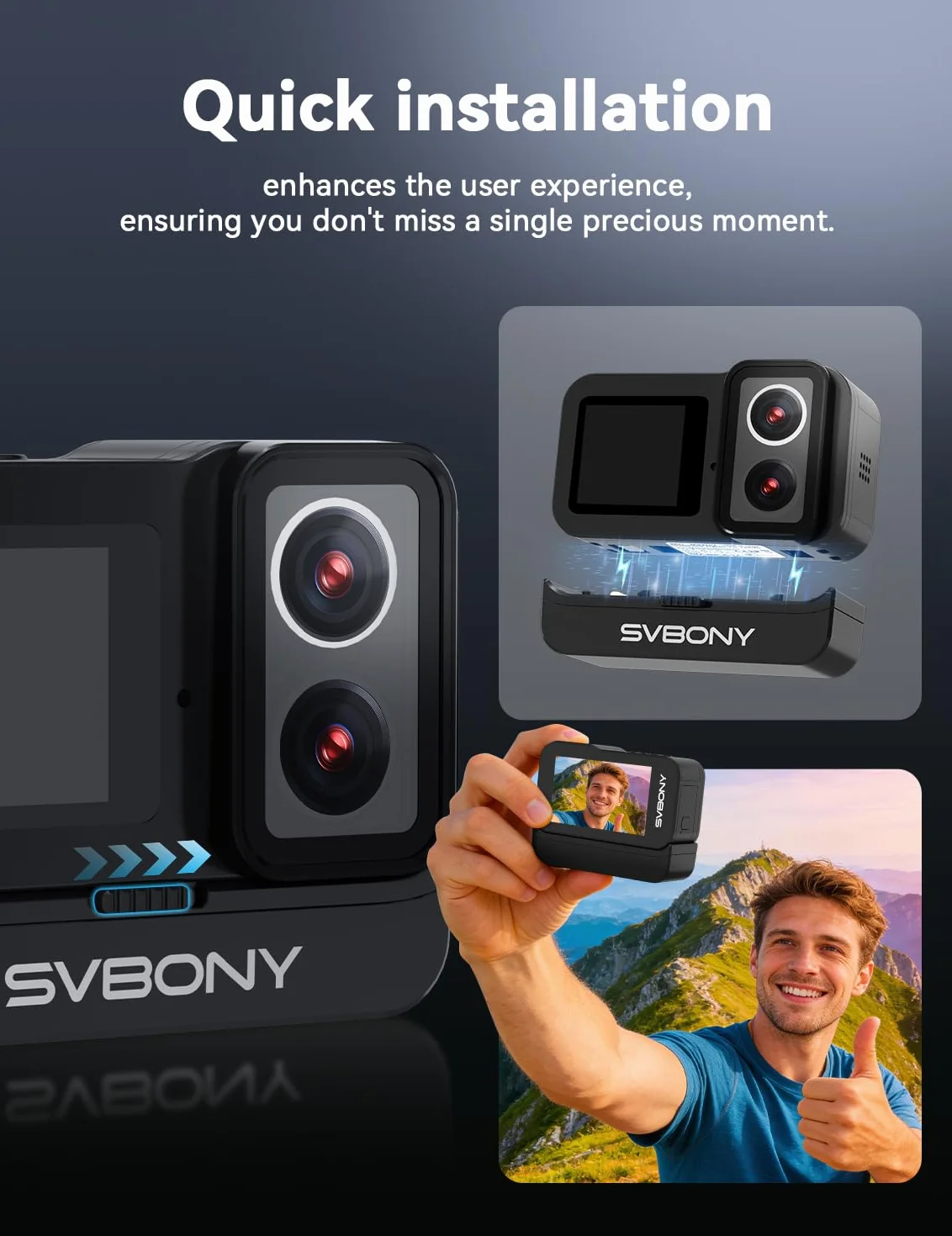 SVBONY SVGo Action Camera 4K30FPS Doppio Obiettivo F2.0/F1.4 Doppio Schermo IPS EIS Impermeabile 30m Batteria 1860mAh