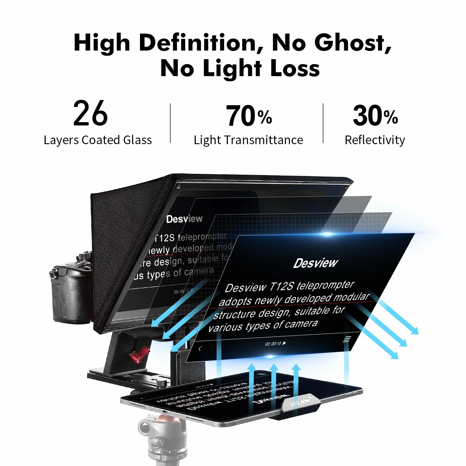 Desview T12S Teleprompter Teleprompter in lega di alluminio da 12,9 pollici, ad alto display in metallo con telecomando APP Compatibile con iPad, smartphone per fotocamere DSLR