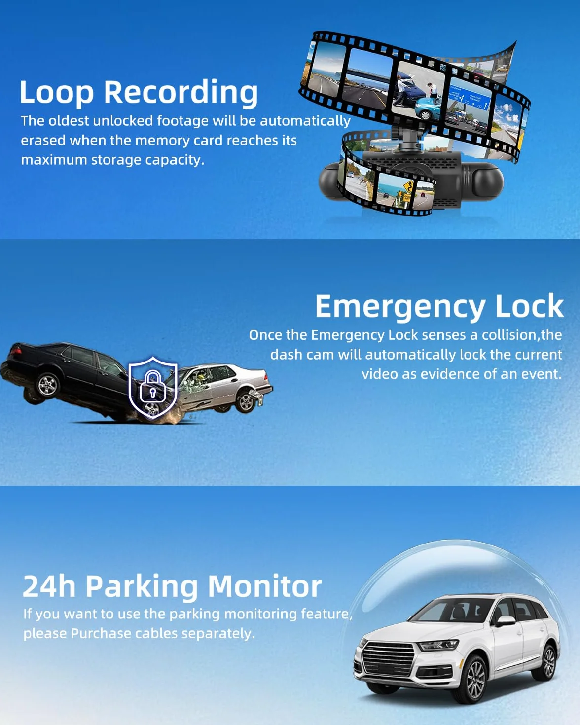 NHOPEEW Dash Cam a 360° a 4 canali per auto - Videocamera da cruscotto 1080P con controllo tramite app Wi-Fi, visione notturna/registrazione in loop/monitoraggio parcheggio/sensore G