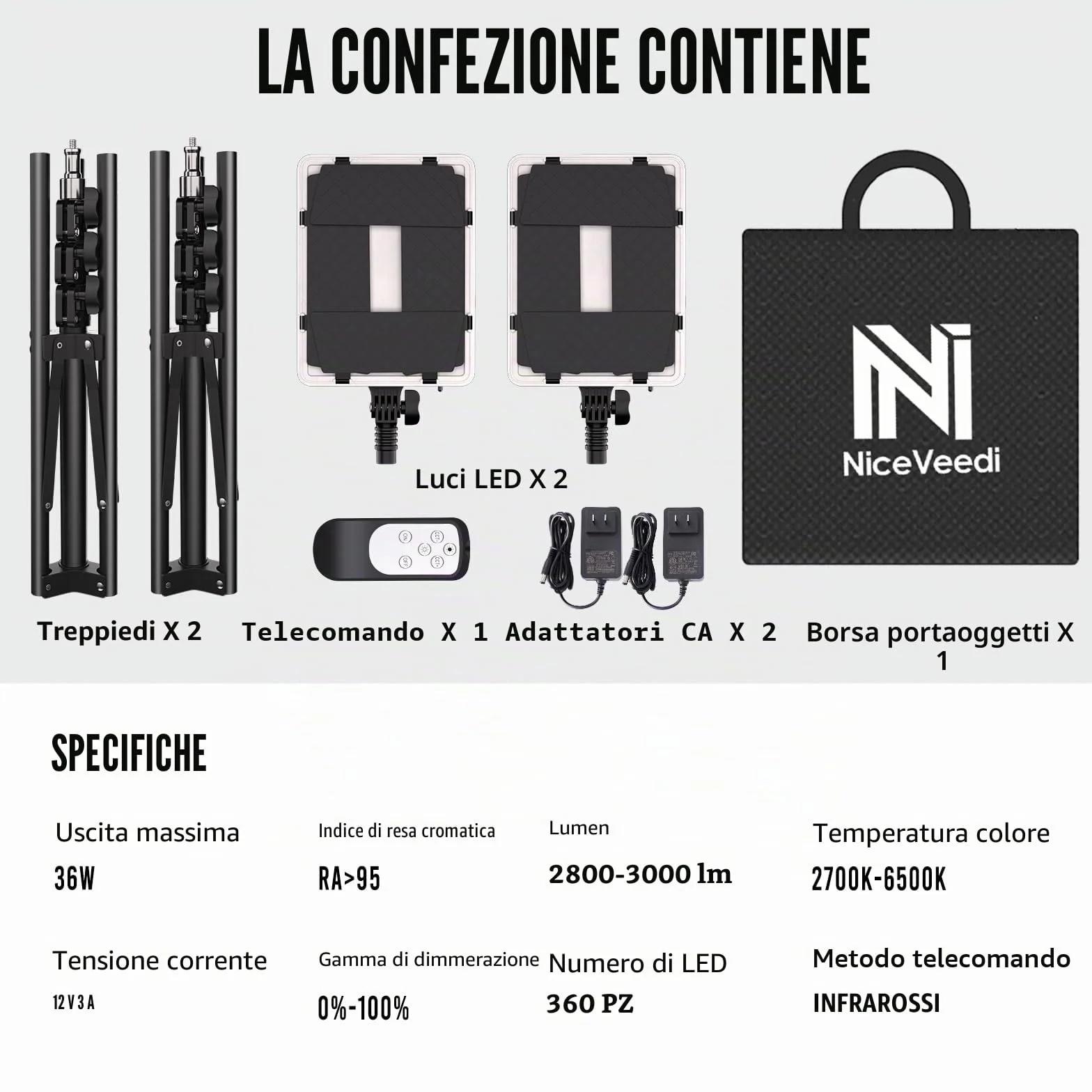 Niceveedi Illuminazione Fotografica, 2 Luci Da Studio Bicolore 2700-6500K 36W Kit Luce Video Led Dimmerabile Per Streaming Video/Giochi/Ritratti Con Camera, Luci Cri 95+ &Telecomando e 183cm Treppiede