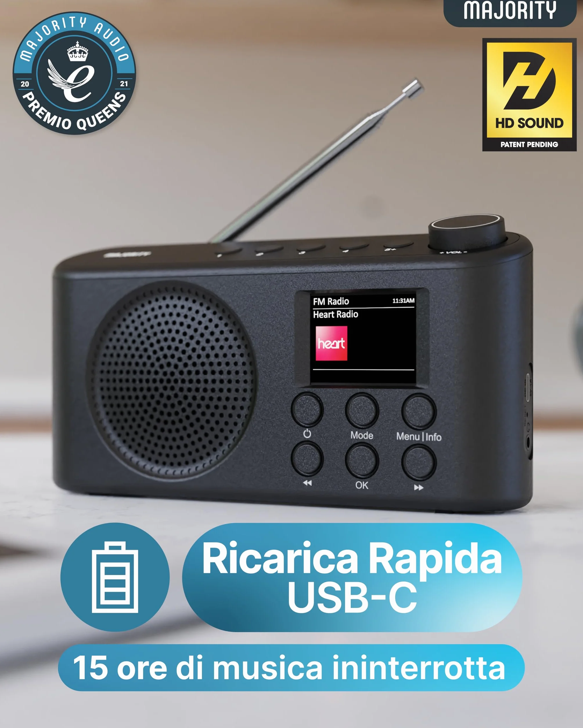 Majority Orwell Pro DAB/DAB+ Radio Portatile | Bluetooth FM, 40 Preset, 4 Pulsanti Rapidi, 15 Ore Batteria Ricaricabile USB-C, Minuterie Sonno, EQ 7 Presets, Schermo LCD | Radio Dab Casa, Viaggio