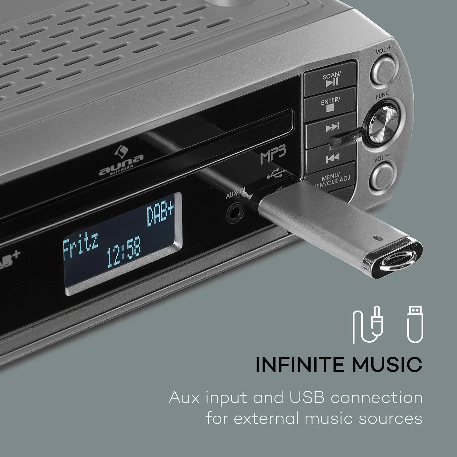 AUNA KR-400 CD - Radio da Cucina, Sottopensile, DAB+/PLL, FM, CD/MP3, Bluetooth, AUX, USB, 40 Stazioni Memorizzabili, Sveglia, Telecomando, Argento