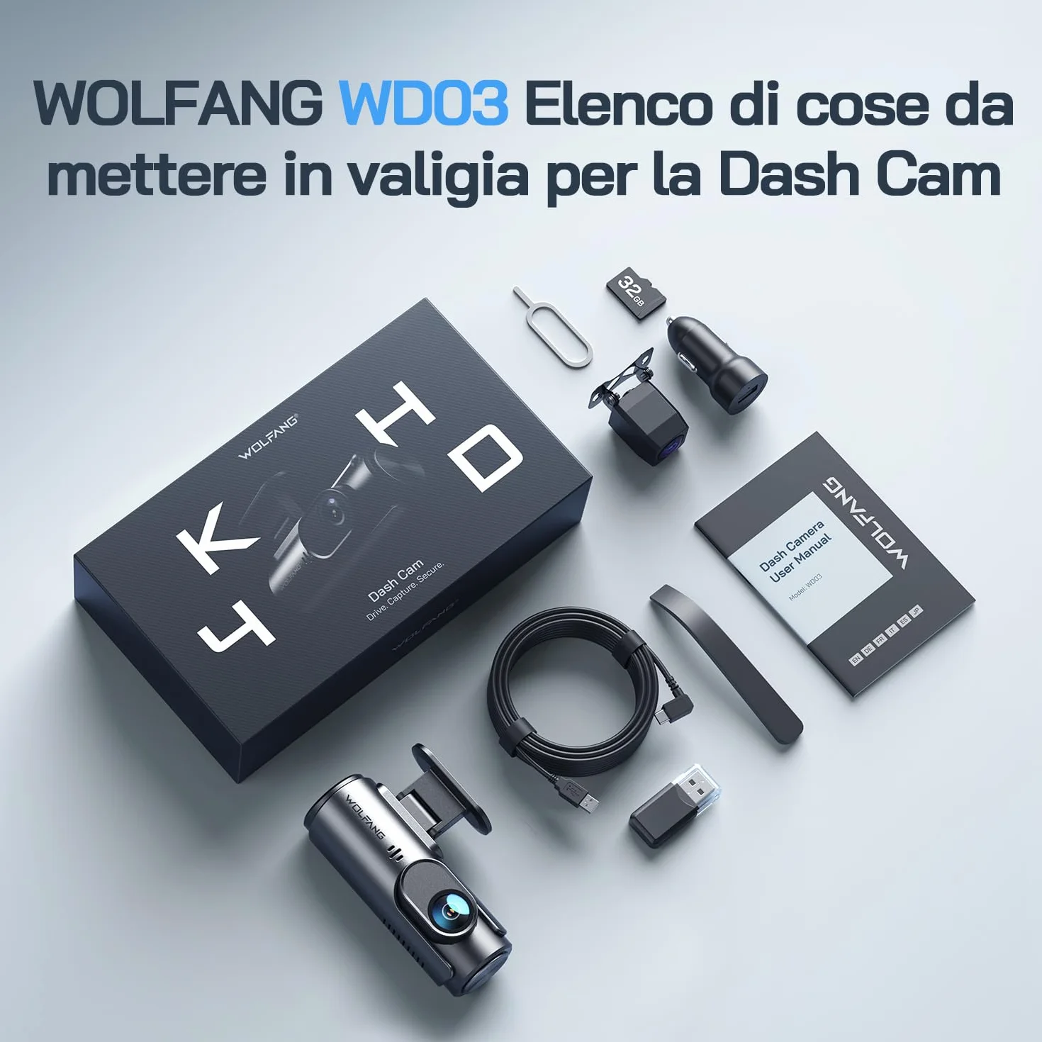 WOLFANG Dash Cam Auto 4K, Doppia WiFi Dashcam per Auto con Scheda SD 32G, Telecamera Auto 170° Grandangolo, Visione Notturna,G-Sensor, WDR, Monitor di Parcheggio, Registrazione in Loop