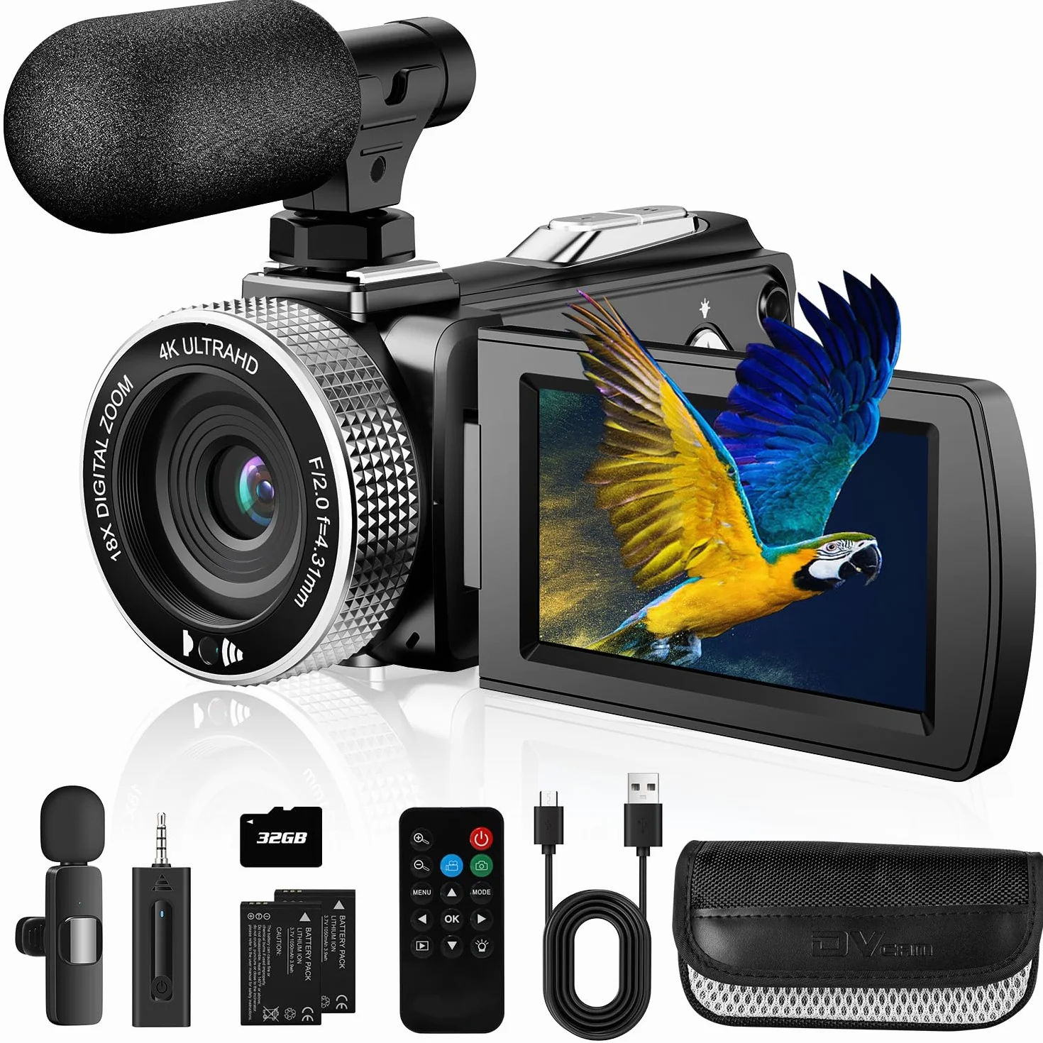 Videocamera 4K 48MP Foto/Videoregistratore 4K 60FPS, Videocamera Digitale per YouTube Vlogging con Microfono Wireless/Scheda SD/2 Batterie/Telecomando