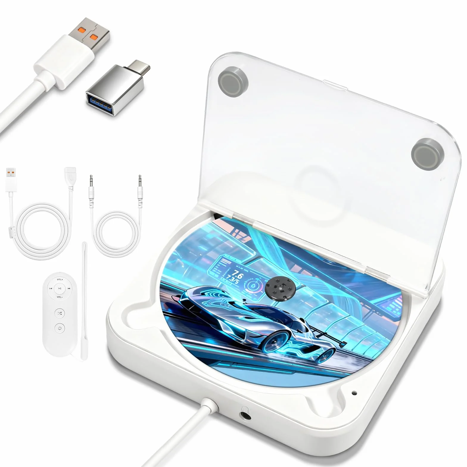 Lettore CD Esterno, Universale Lettore CD per Auto Portatile con Telecomando, Cavo di Estensione USB, Cavo AUX, Interfaccia di Conversione Type-C, Compatibile con Porta TV, Laptop, Computer, Bianco