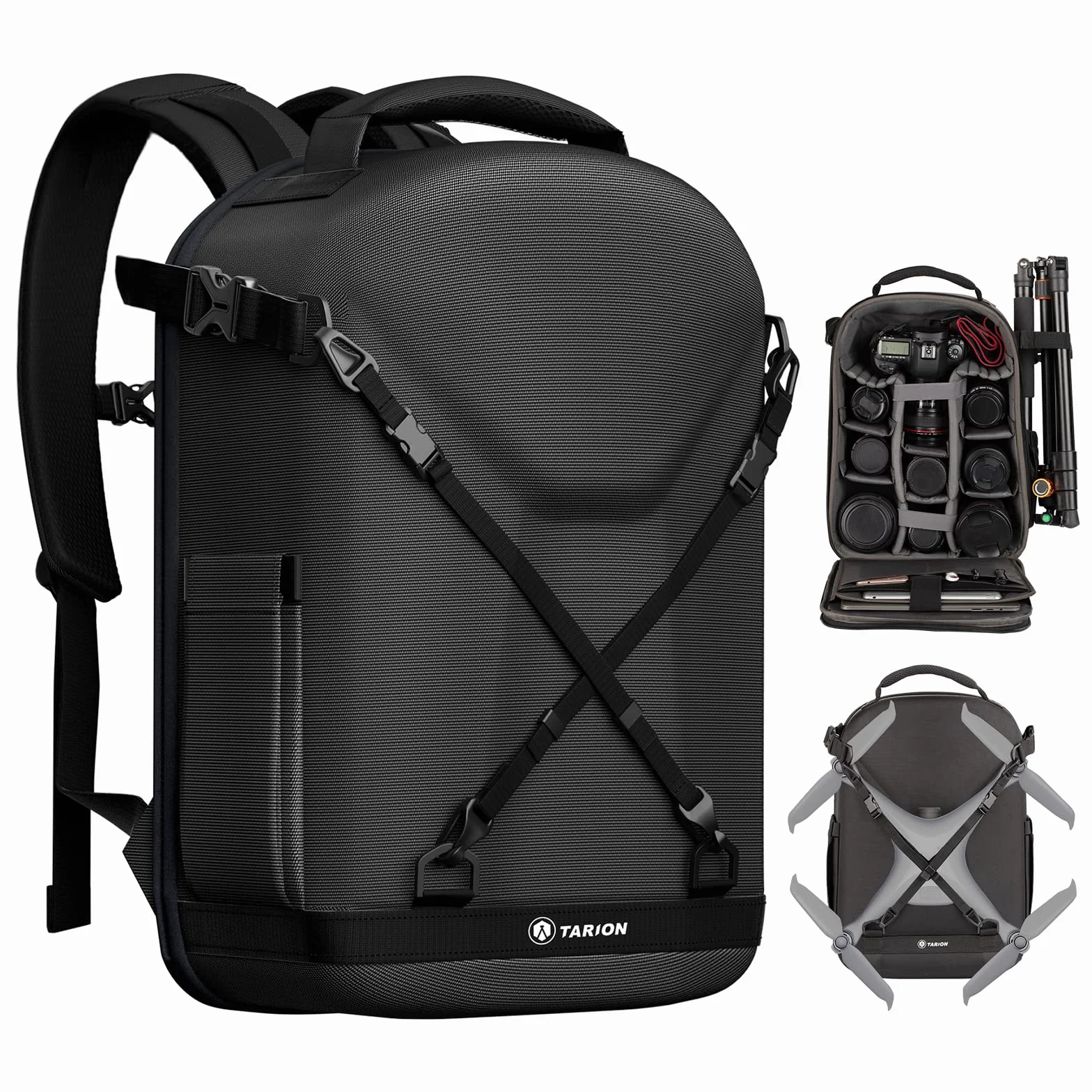 TARION Zaino per fotocamera, zaino fotografico con guscio rigido, borsa per fotocamera con scomparto per laptop da 15" e copertura antipioggia, zaino per droni DSLR SLR fotocamere accessori