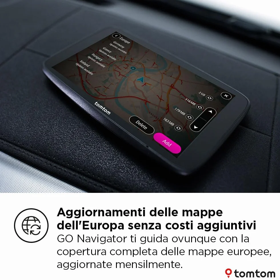 TomTom Navigatore per auto GO Navigator (schermo extra large da 7", traffico in tempo reale, 12 mesi di avvisi autovelox, mappe europee, aggiornamenti Wi-Fi, servizi Premium, supporto Click-and-drive)