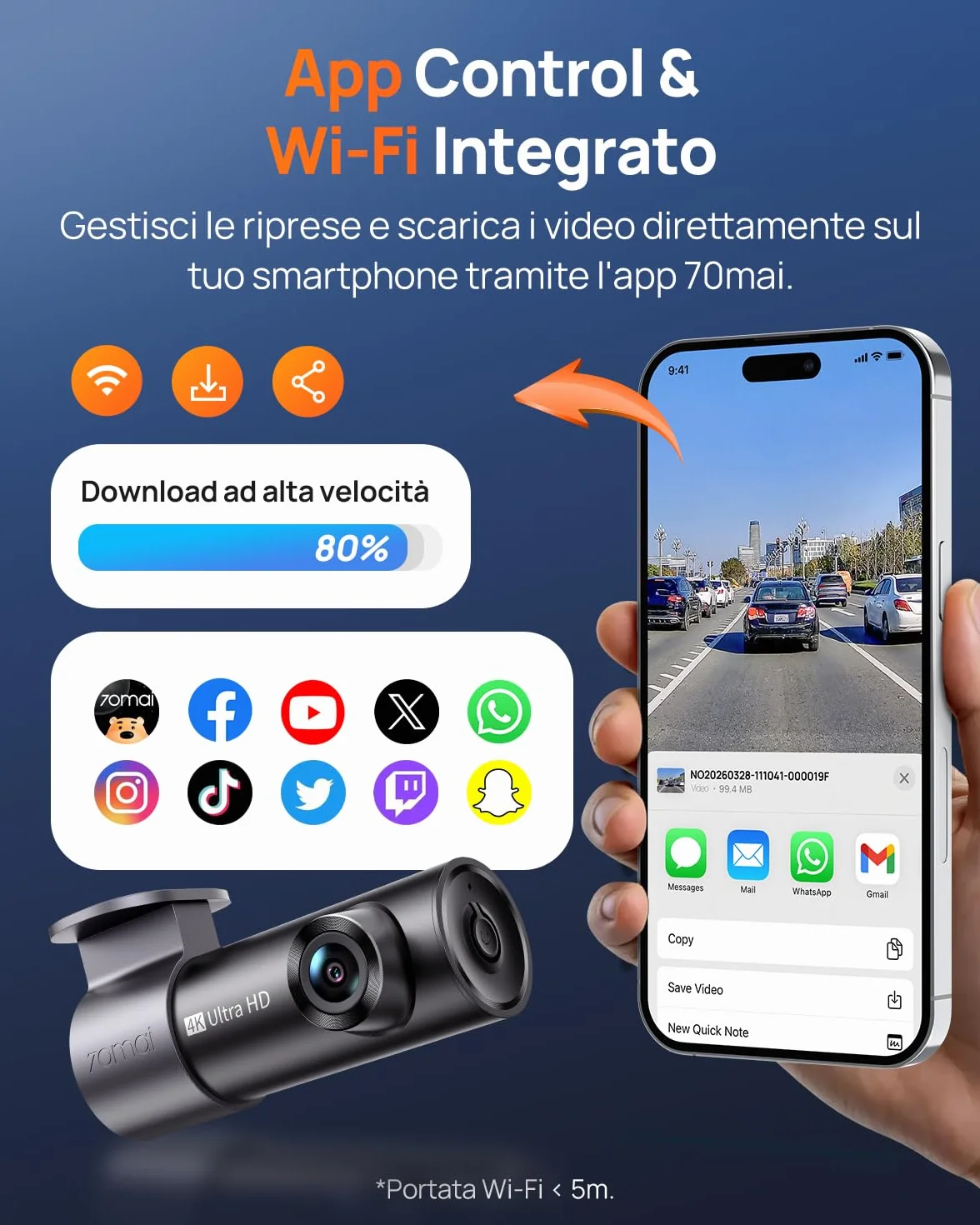 70mai Dash Cam Auto M310 Plus 4K, 2160P Mini Dashcam, Visione Notturna, WDR, Grandangolo, Sensore G, Registrazione In Loop, Controllo App
