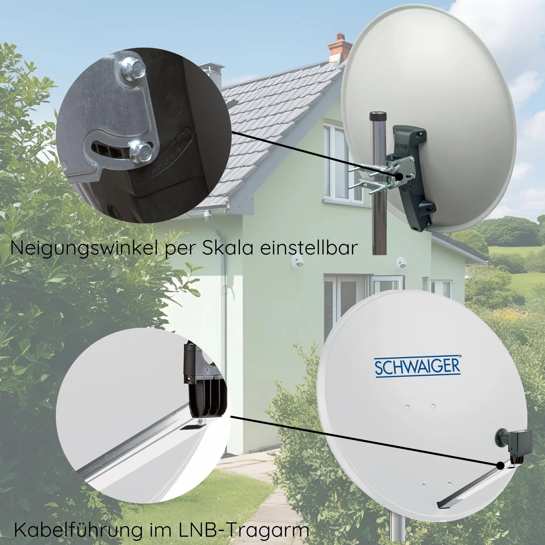 SCHWAIGER Sistema SAT Set satellitare Parabola satellitare Quad LNB digitale 8X connettore F 7mm acciaio Antenna SAT completa Grigio chiaro 74,5 x 84,5 cm