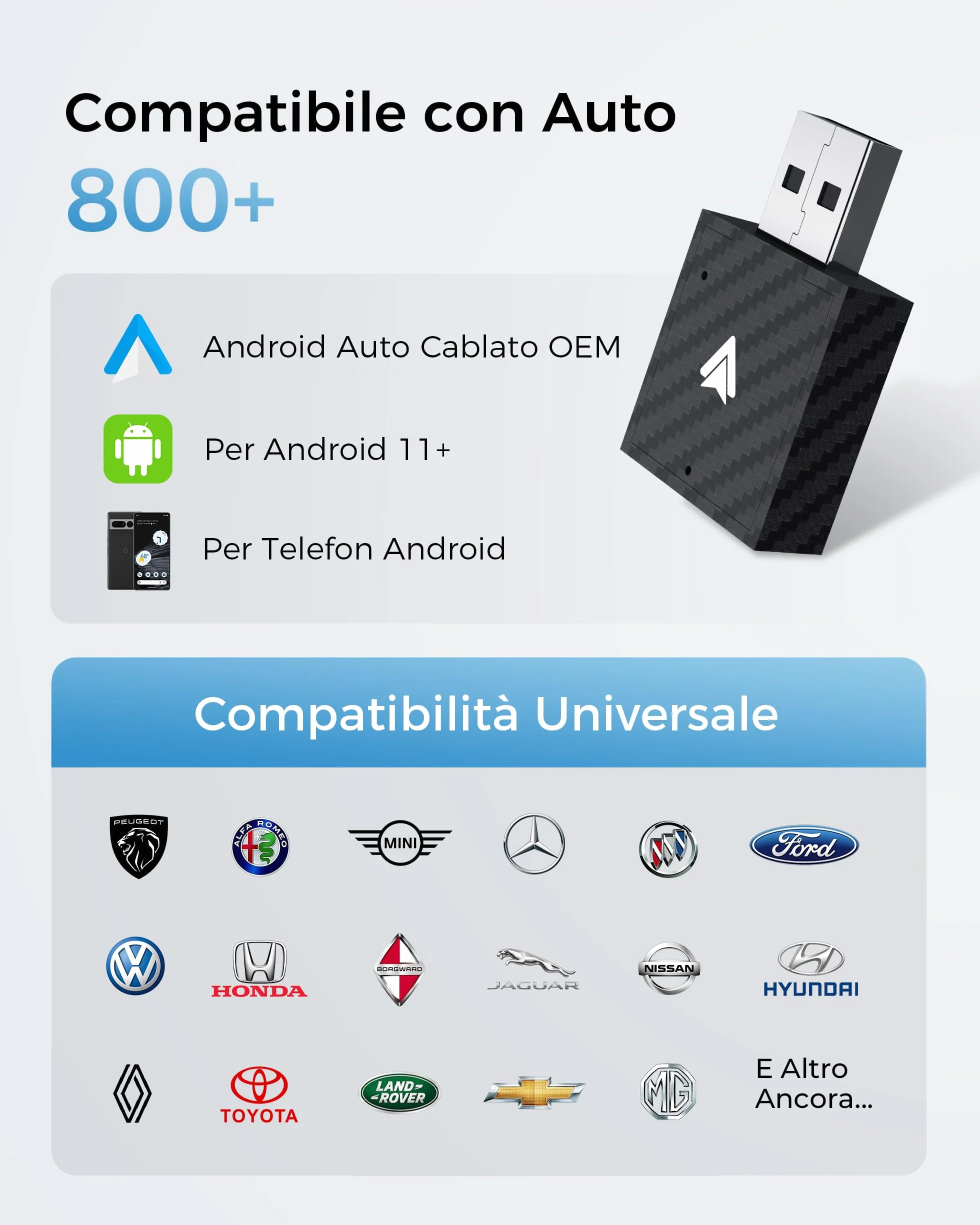 Adattatore Android Auto Wireless, AA Wireless per Android 11+, Bluetooth V5.3, Dual Core a WLAN 5.8GHz, Veloce e Stabile