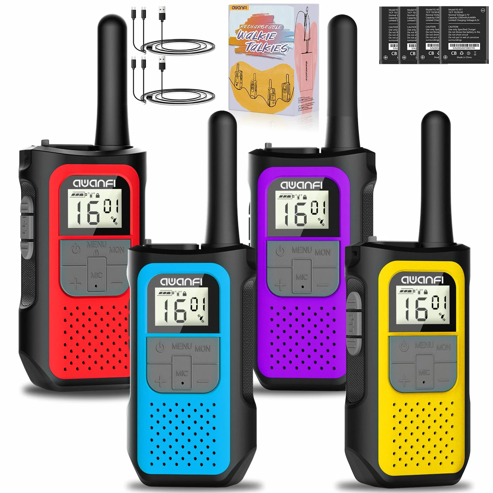 Walkie-Talkie 4 Pezzi, Walkie Talkie Ricaricabile con 1200mAh Batteria, Walkie-Talkies per Bambini Adulti, 16 Canali/VOX/Cavo USB-C, Walky Talky Lungo Raggio per Campeggio Escursioni