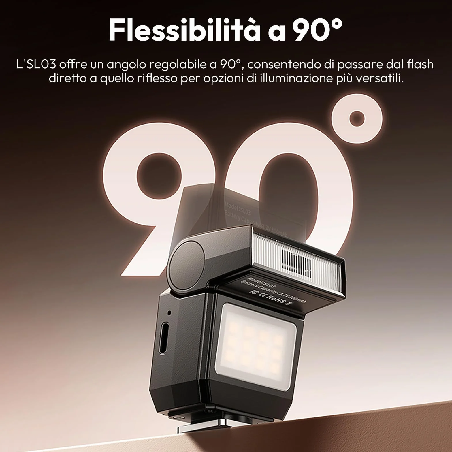 ULANZI SL03 Mini flash Speedlite GN8 6500K Angolo 90° regolabile per fotocamera