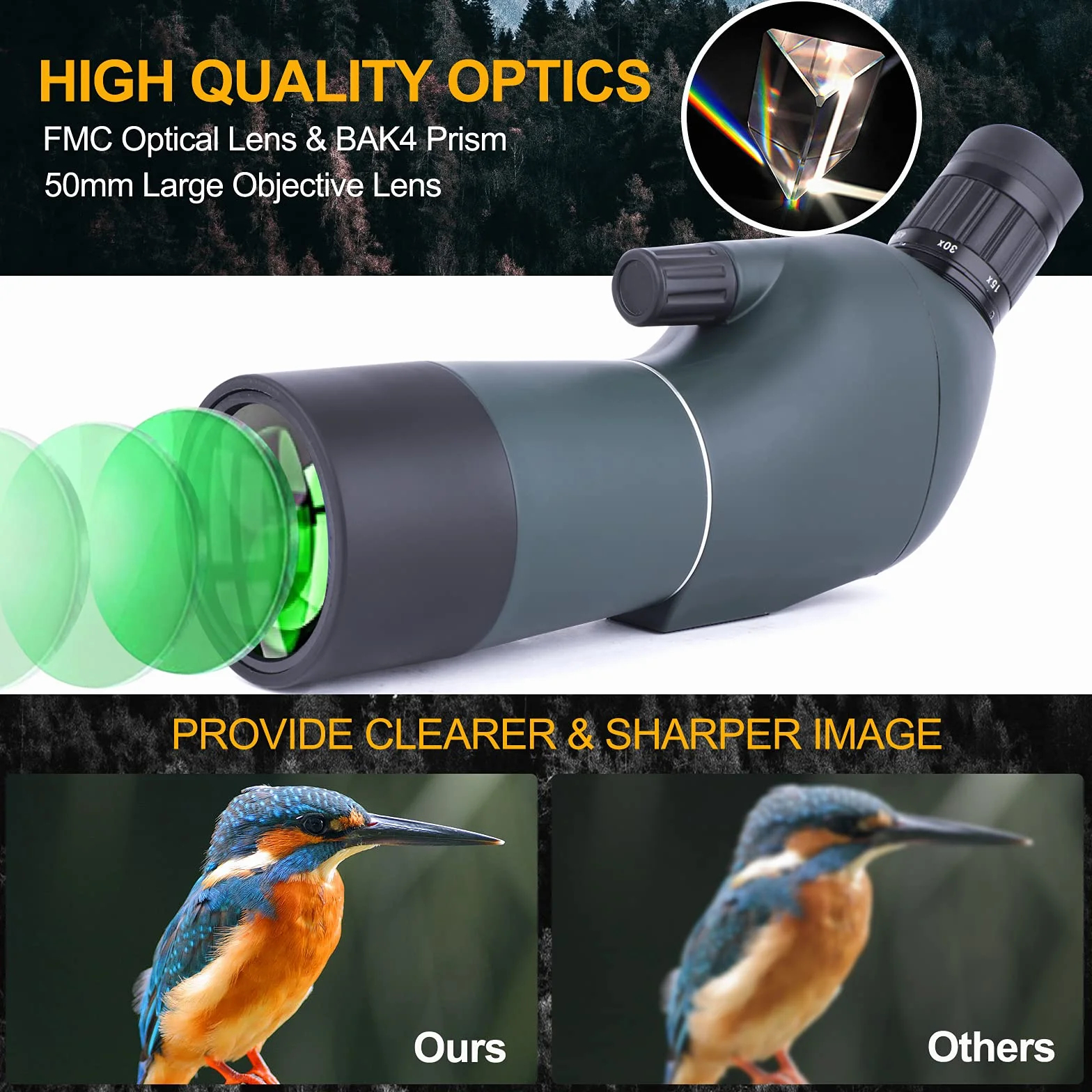 15-45x50 Cannocchiale con Treppiede, Borsa per il Trasporto e Adattatore per Smartphone, FMC Ottica Bak4 Prisma Telescopio Spotting Scope con Smartphone Adapter per Tiro a Segno Birdwatching Caccia