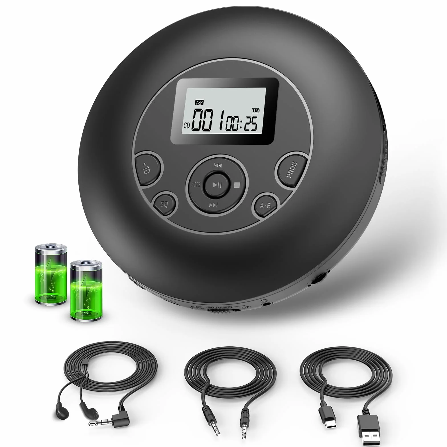 DESOBRY Lettore CD portatile, 7 ore di riproduzione della batteria, Discman con auricolare, Blocco di tenuta e funzione anti-salto, Lettore CD auto con AUX