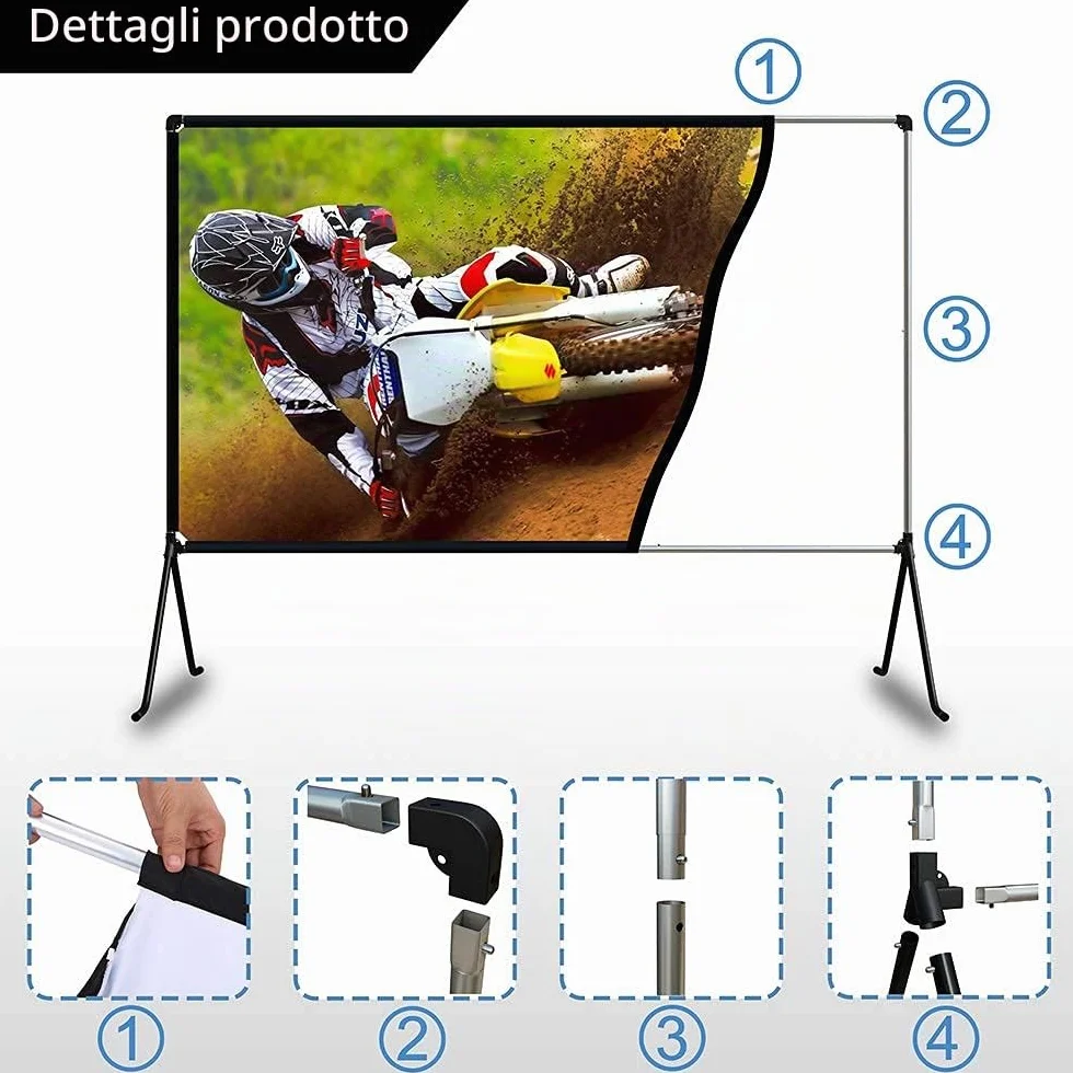 Telo per proiettore (150"), telo con supporto, 16: 9 HD, pieghevole, per interni/esterni, per proiezioni video, per casa, feste, ufficio, aule