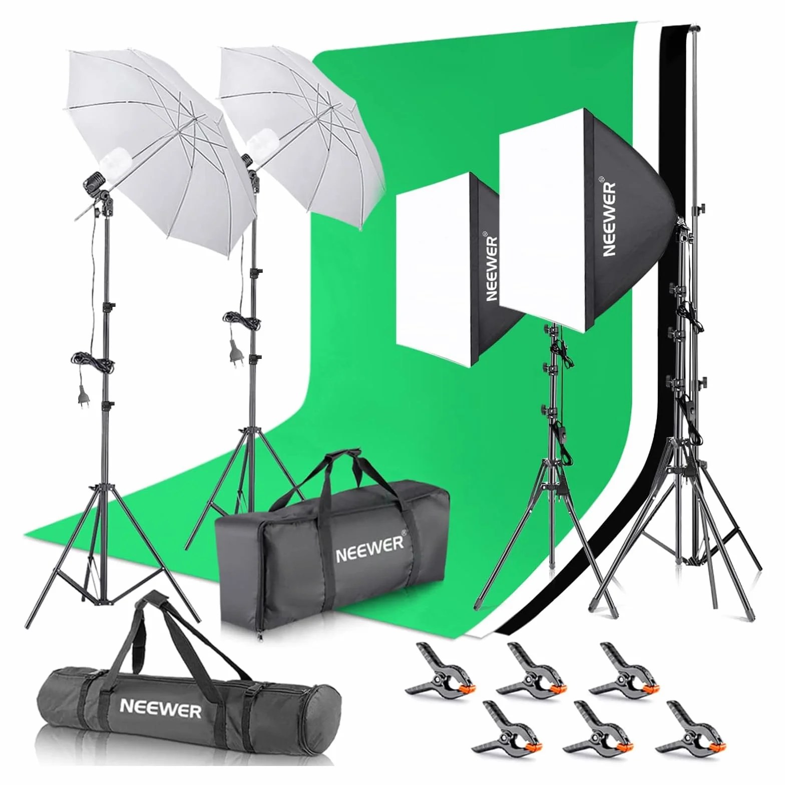NEEWER Kit di Illuminazione per Fotografia con Supporto per Fondale 2,6x3 m, Lampadine LED 5700K Equivalenti a 800W Ombrello Softbox Illuminazione Continua, Attrezzatura per Prodotti Ritratti