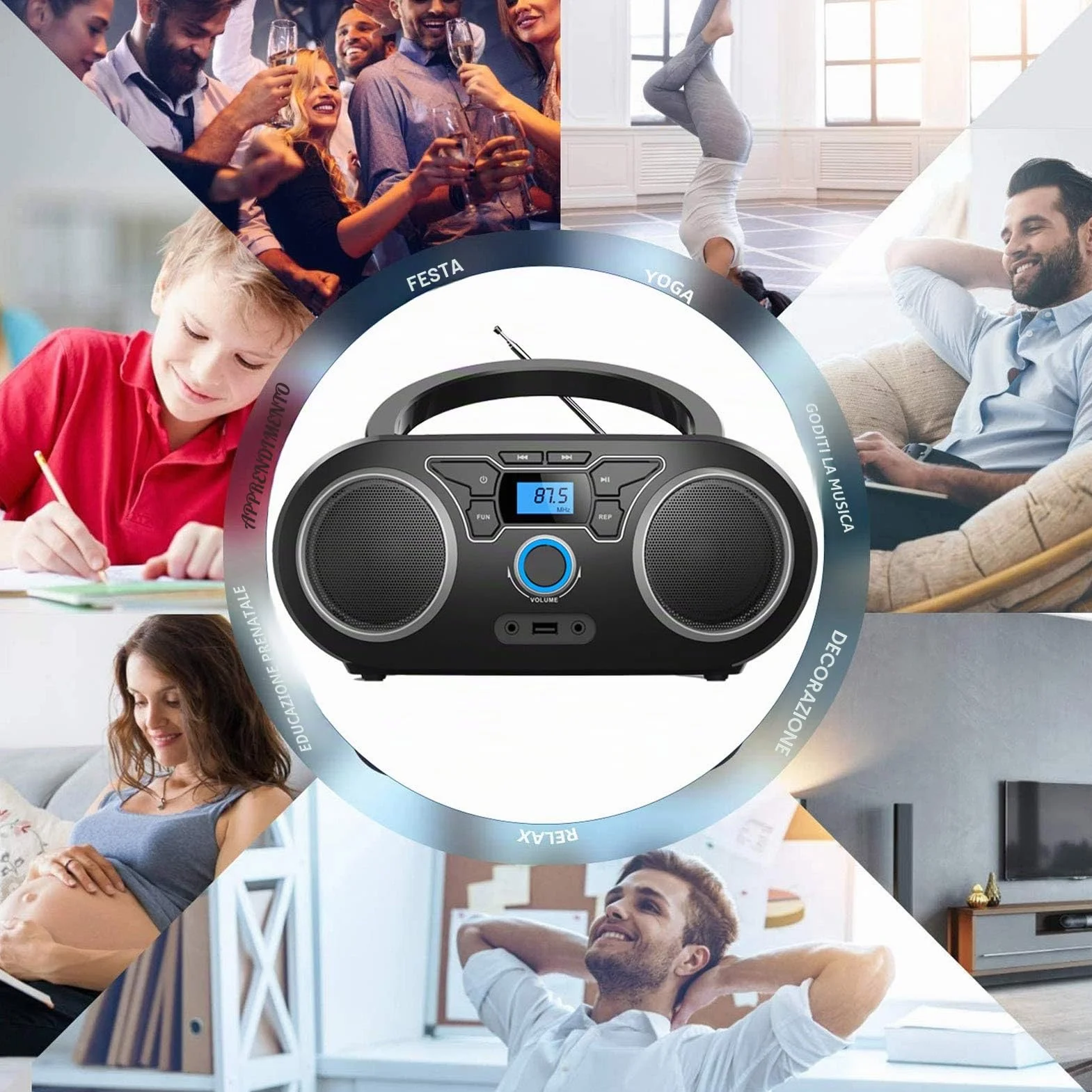 WISCENT Lettore CD Boombox Portatile - Stereo con Radio FM, Ingresso Bluetooth, USB, AUX, Uscita Auricolari, Audio Domestico Compatto, AC o Alimentato a Batteria