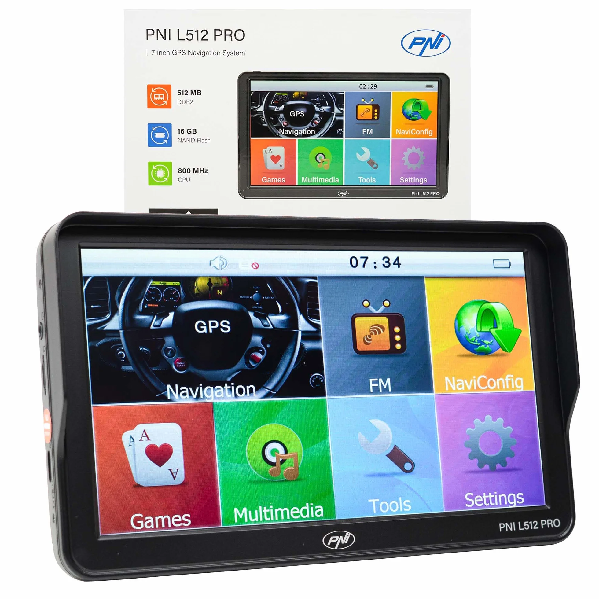 Sistema di navigazione GPS PNI L512 Pro con parasole, 7 pollici, 800 MHz, 512 MB DDR, 16 GB di memoria interna, trasmettitore FM