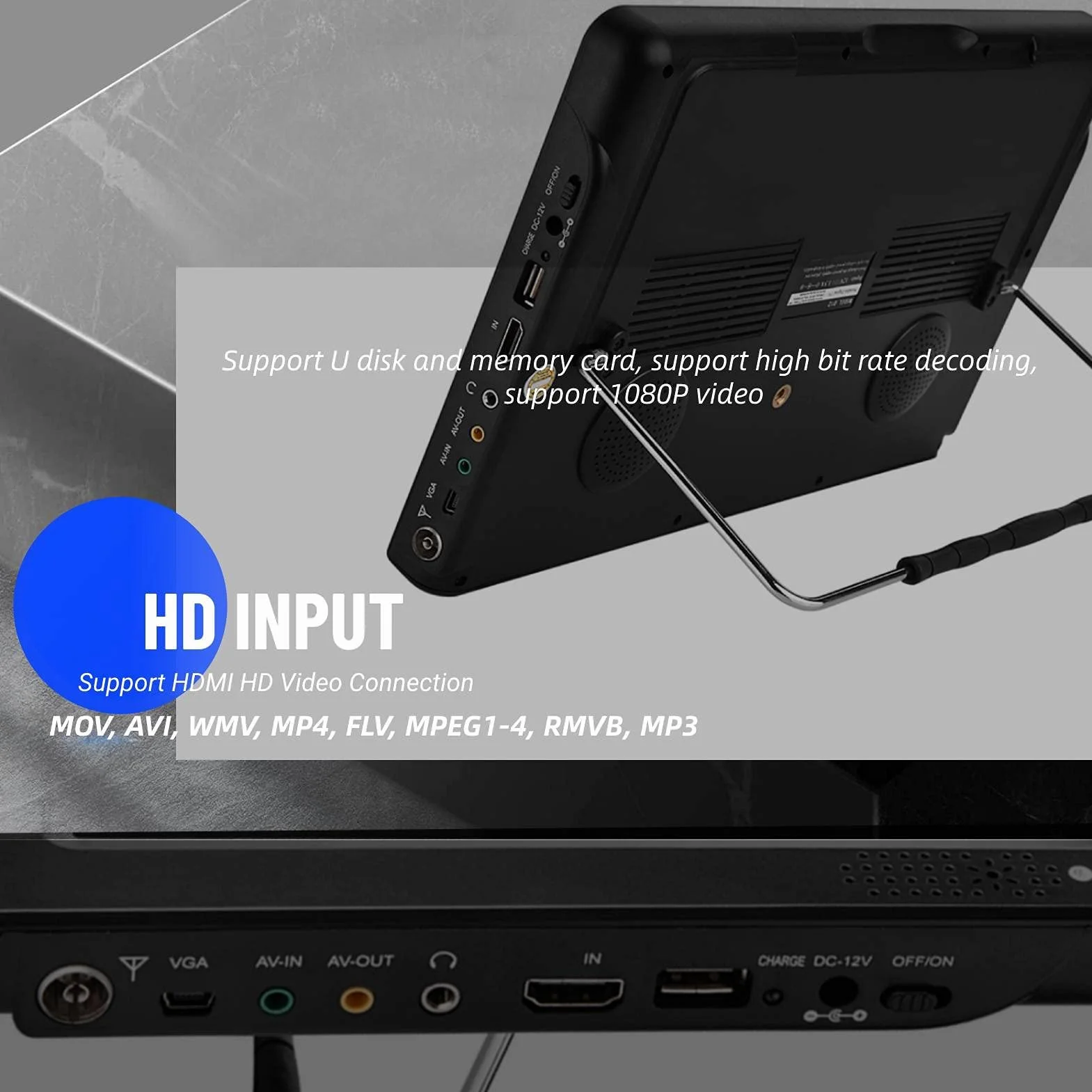 Televisore Portatile, da 12.1 Pollici Piccolo TV LED Display TV per auto Portatile 1080P HD, con 1500mA Batterie Ricaricabili e Antenna per viaggiare da letto, Cucina, Caravan, Supporto TV Analogica